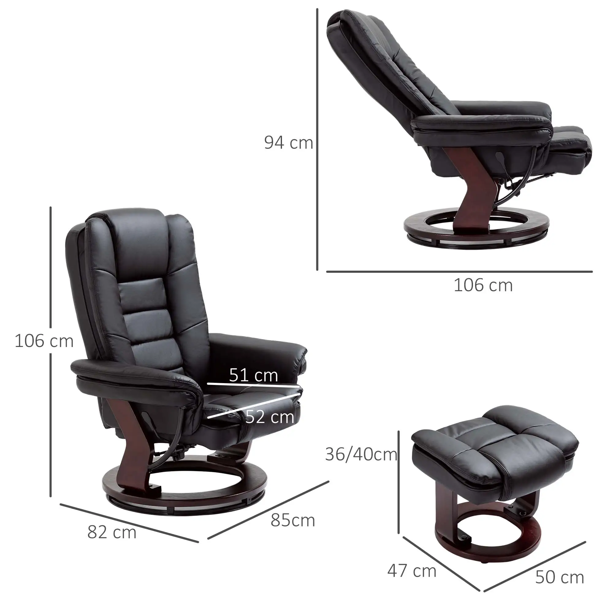 Manual Faux Leather Recliner Armchair 85 x 82 x 106cm - Black - 3