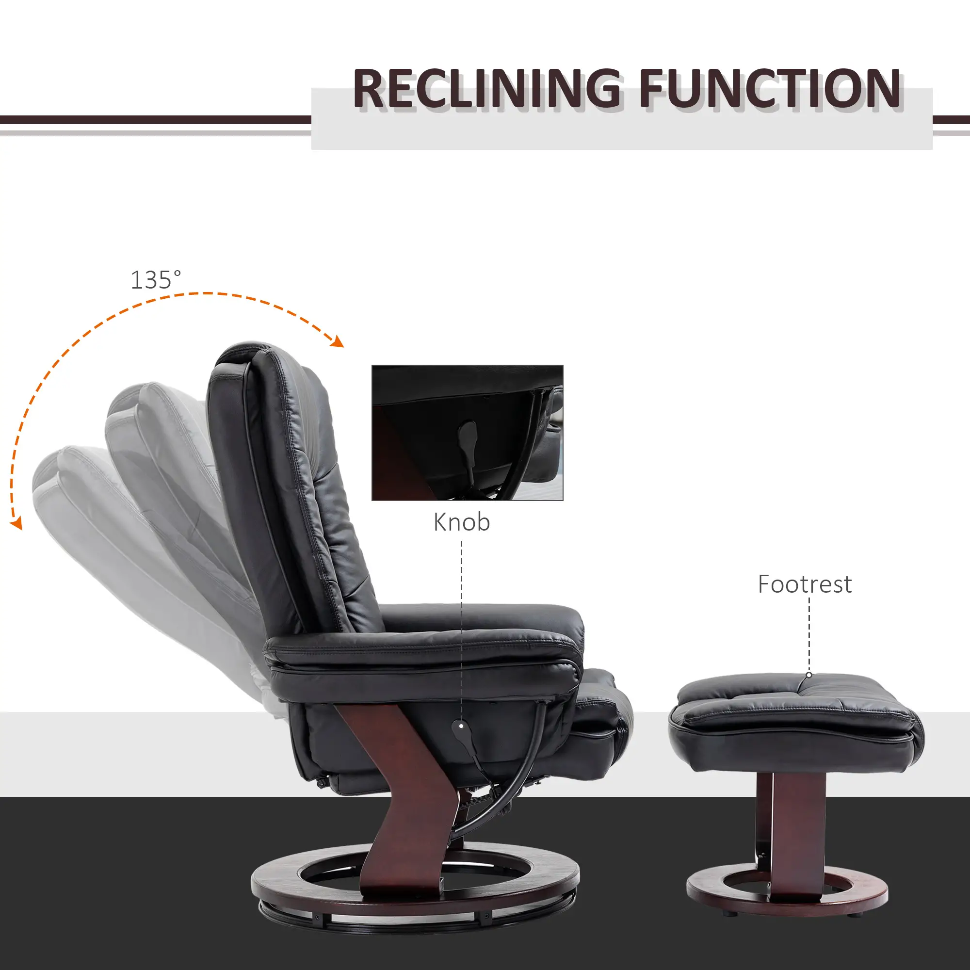 Manual Faux Leather Recliner Armchair 85 x 82 x 106cm - Black - 4