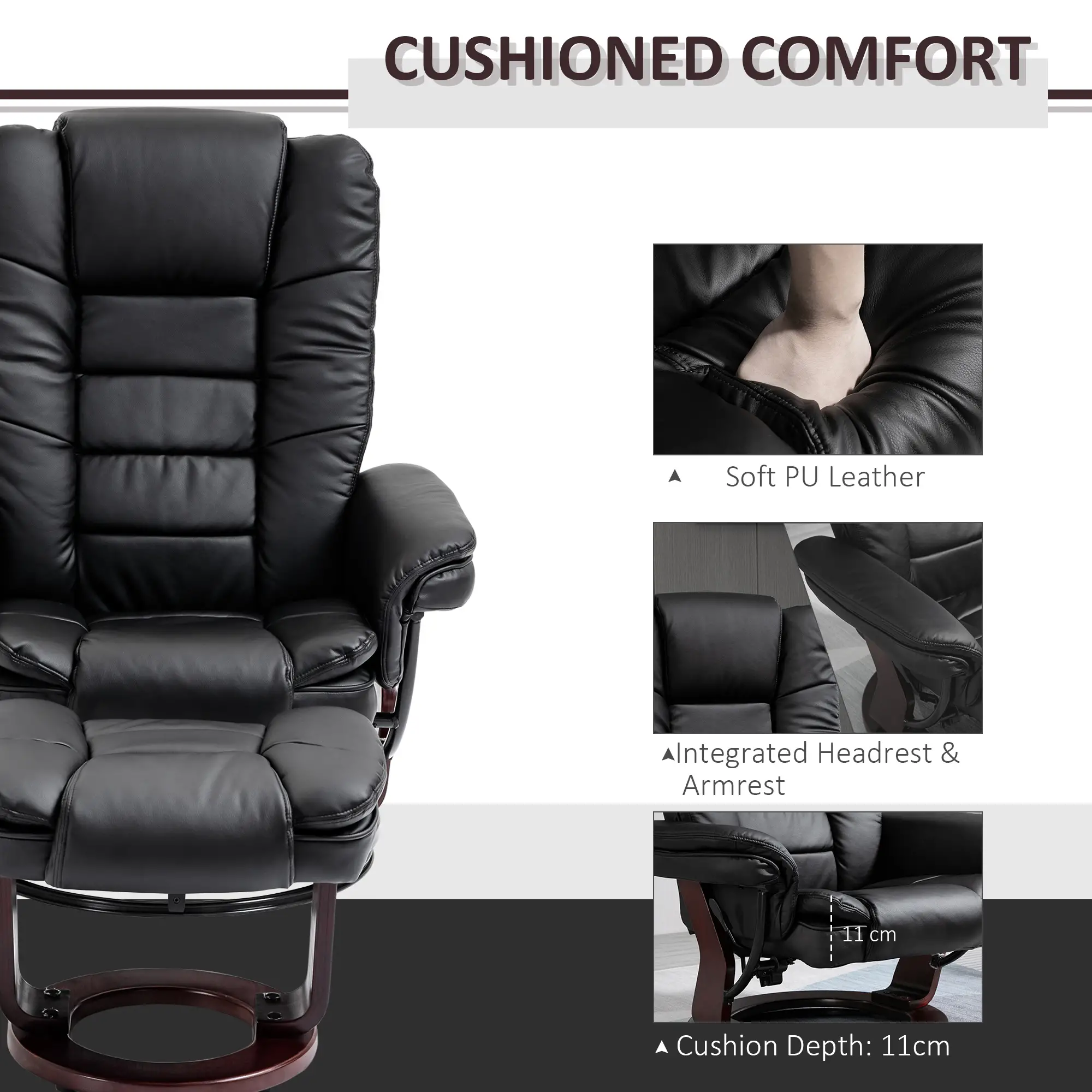 Manual Faux Leather Recliner Armchair 85 x 82 x 106cm - Black - 6