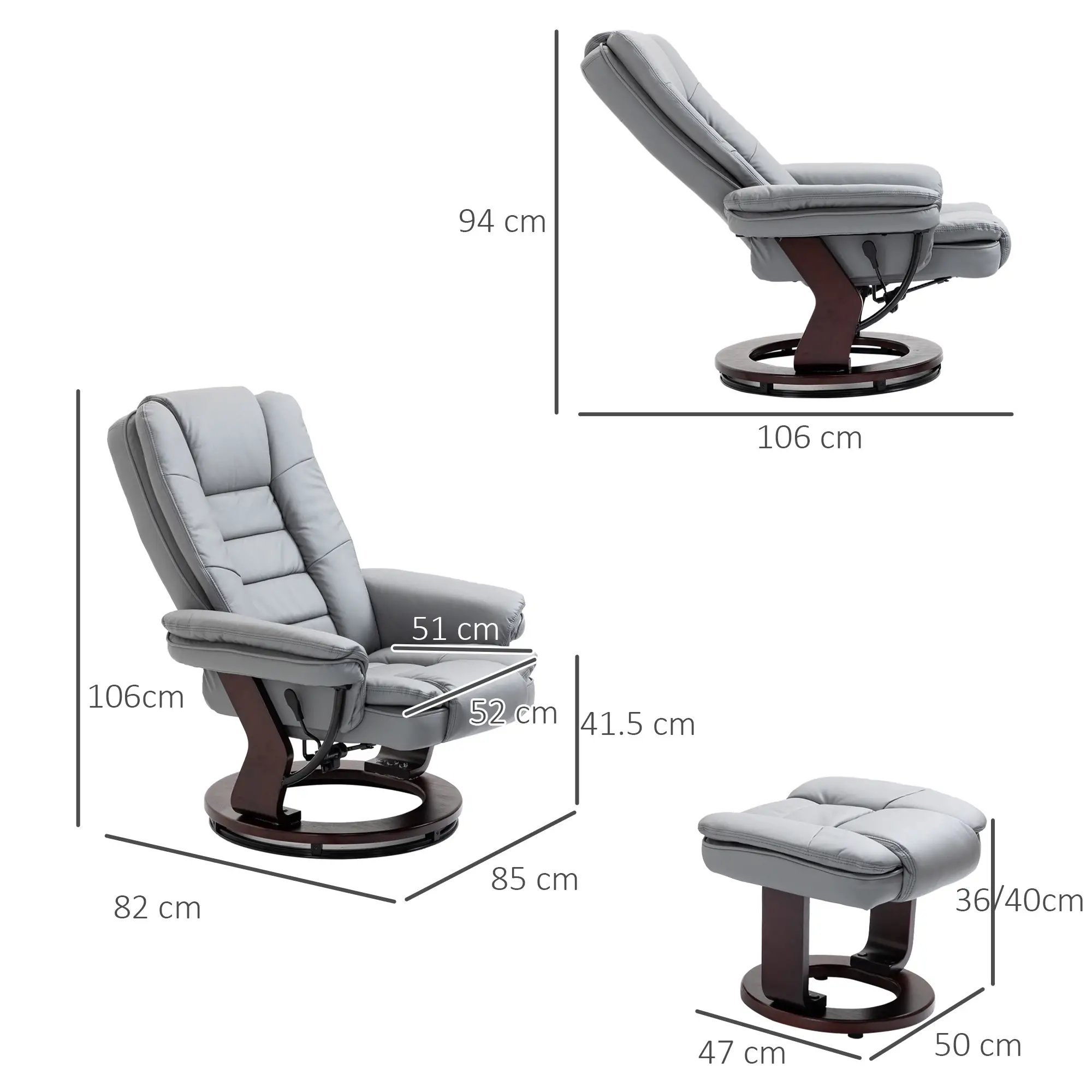 Manual Faux Leather Recliner Armchair 85 x 82 x 106cm - Grey - 3
