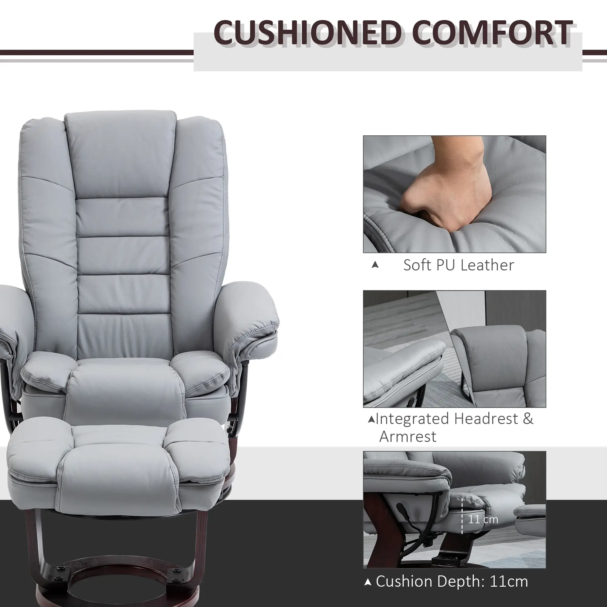 Manual Faux Leather Recliner Armchair 85 x 82 x 106cm - Grey - 6