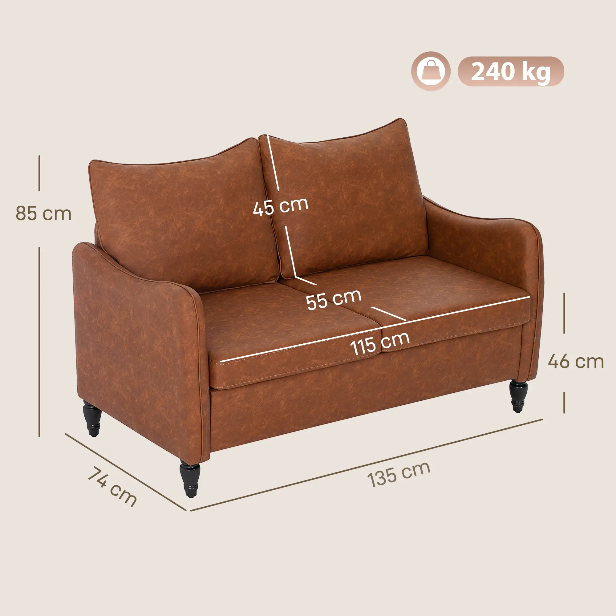 Faux Leather Sofa 135 x 74 x 85cm, Brown - Brown - 3