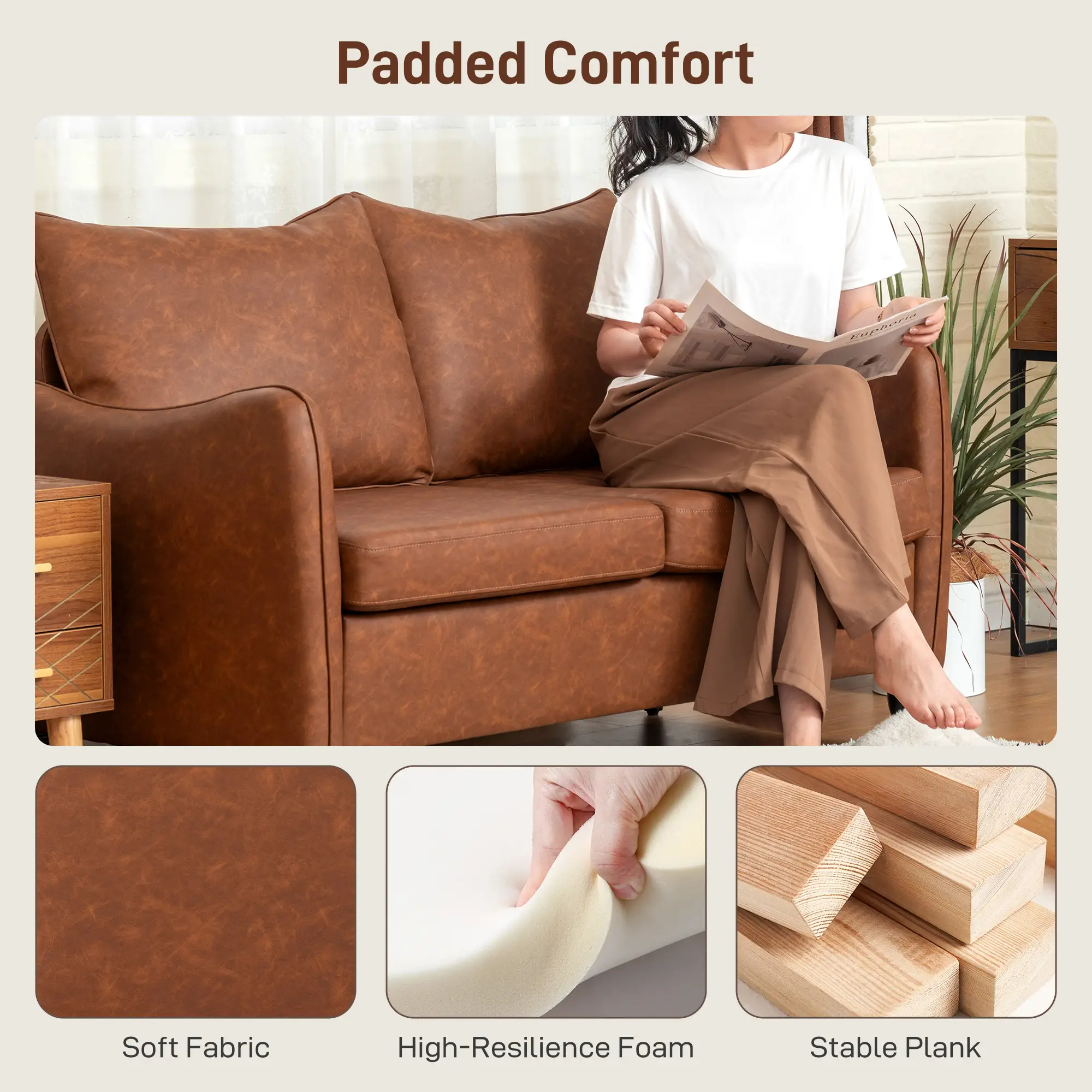 Faux Leather Sofa 135 x 74 x 85cm, Brown - Brown - 4