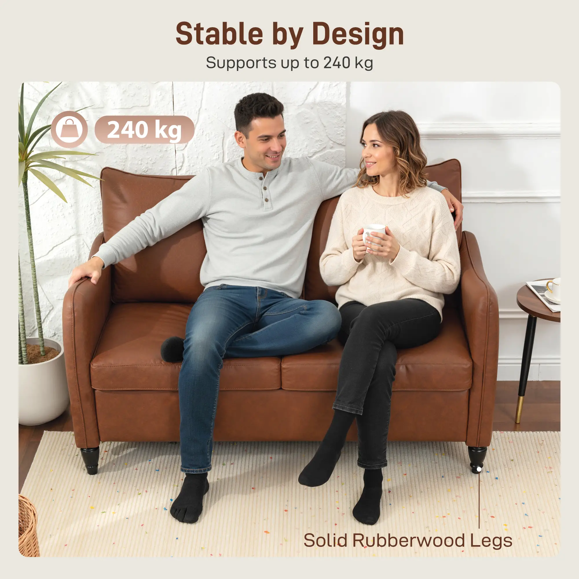 Faux Leather Sofa 135 x 74 x 85cm, Brown - Brown - 5