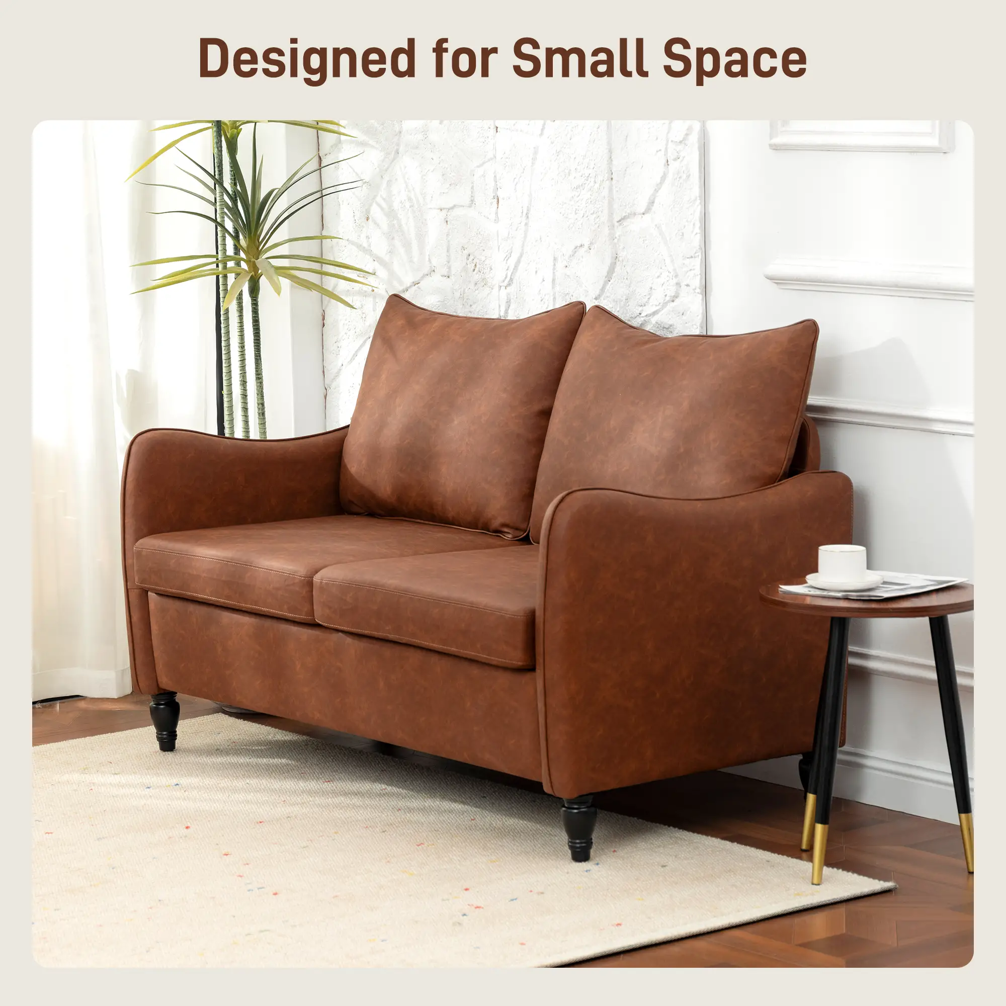 Faux Leather Sofa 135 x 74 x 85cm, Brown - Brown - 6