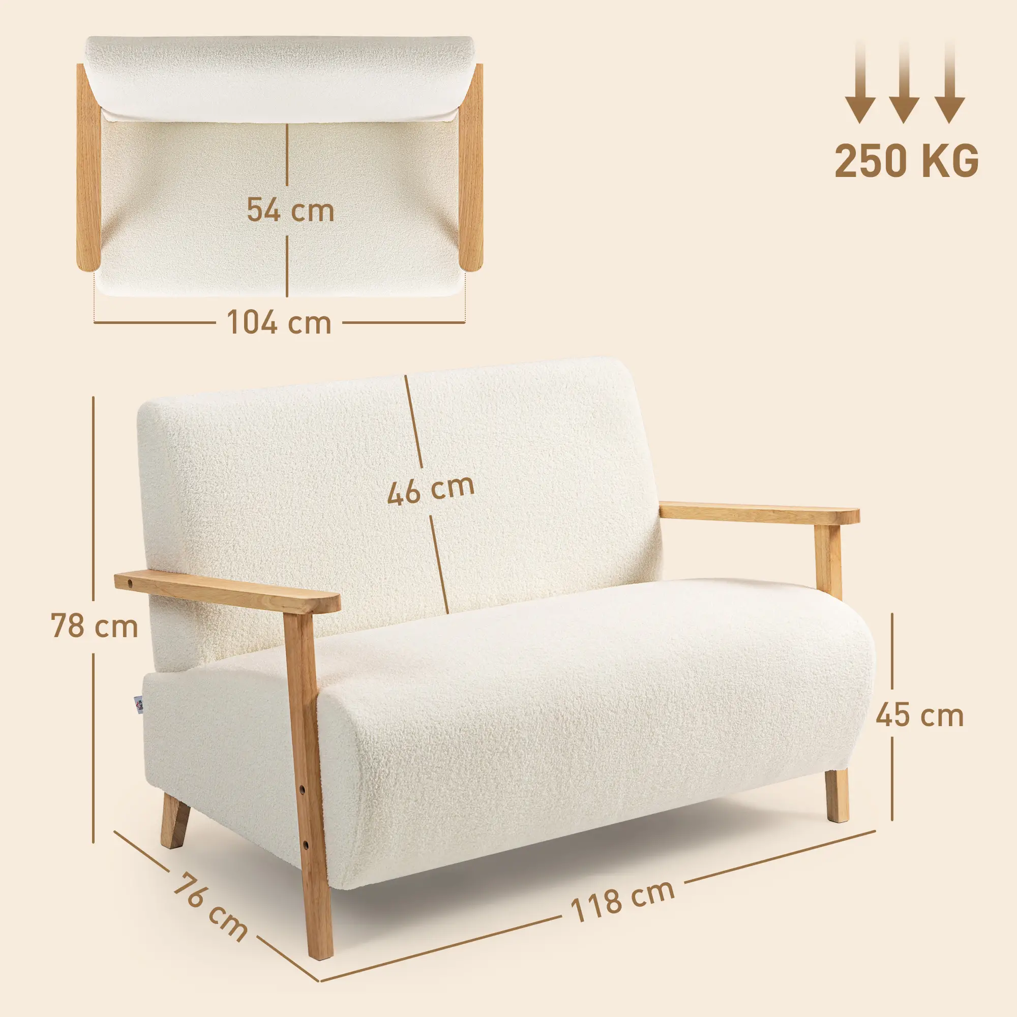 2 Seater Sofa 118 x 76 x 78cm, Cream White - Cream White - 3