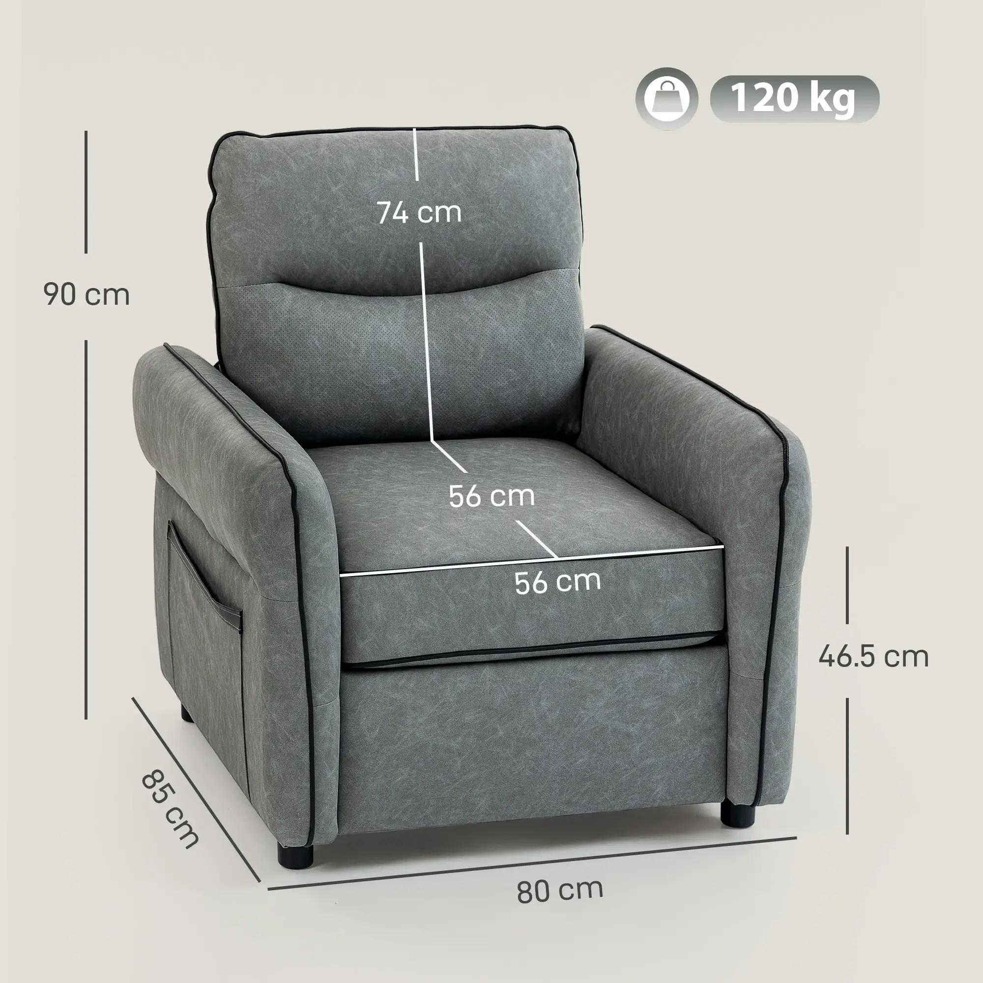 Faux Leather Armchair 80 x 85 x 90cm, Grey, Black - Grey, Black - 3