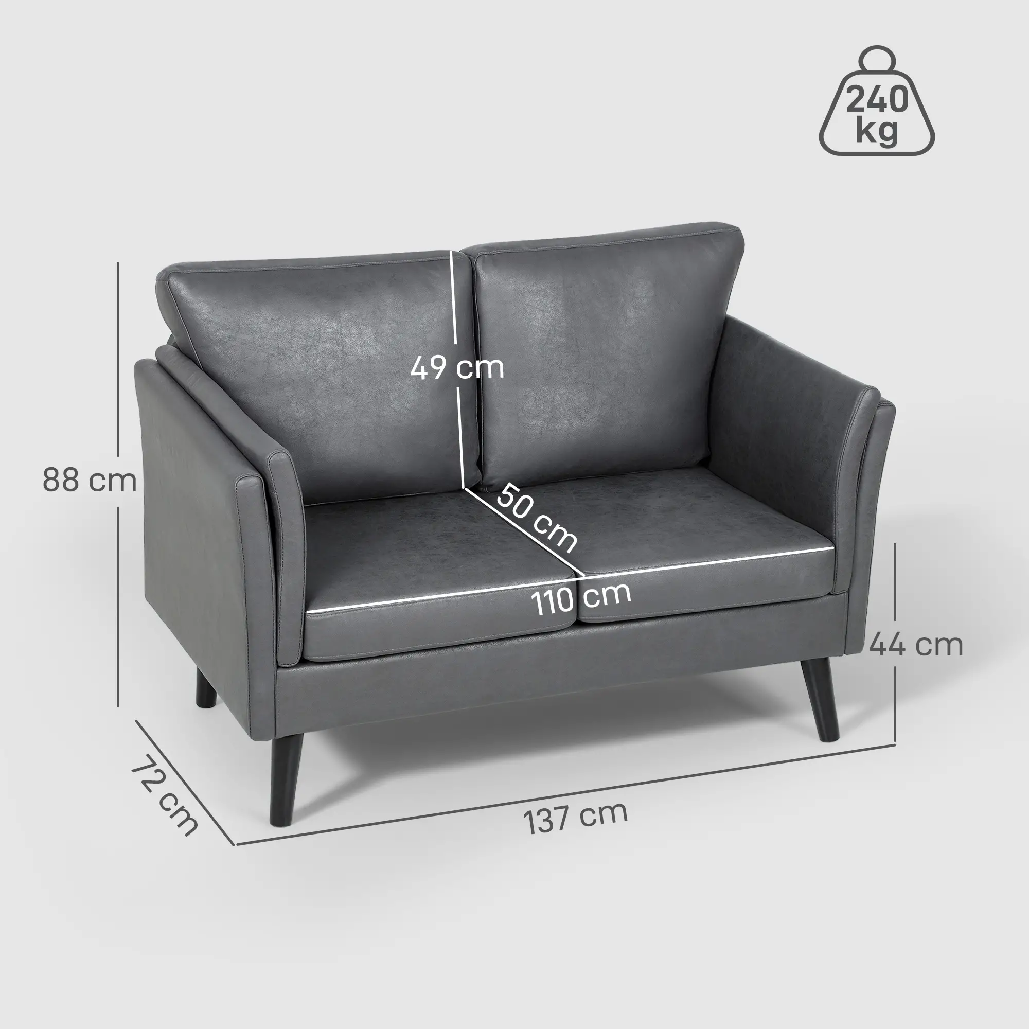 Leather Sofa 137 x 72 x 88cm, Grey - Grey - 3