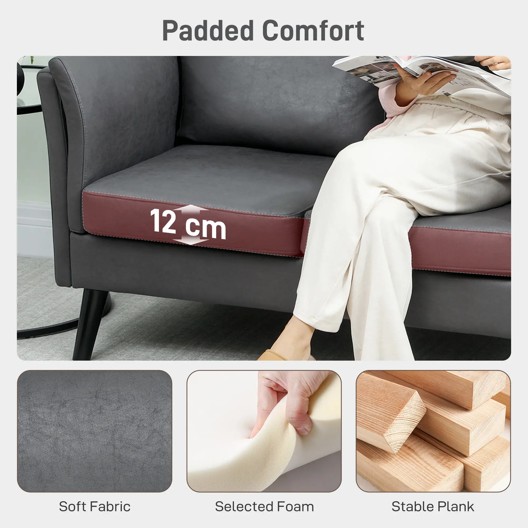 Leather Sofa 137 x 72 x 88cm, Grey - Grey - 5