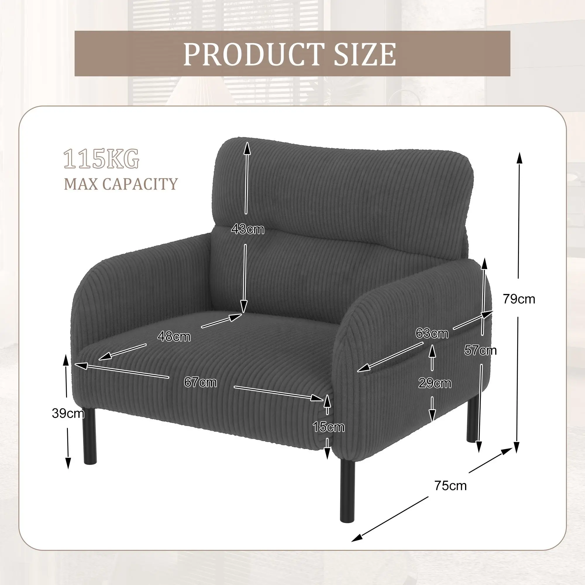 Corduroy Armchair 67 x 75 x 79cm, Grey - Grey - 3
