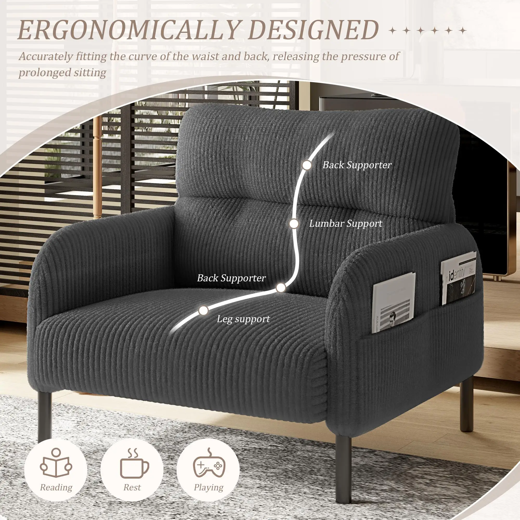 Corduroy Armchair 67 x 75 x 79cm, Grey - Grey - 4