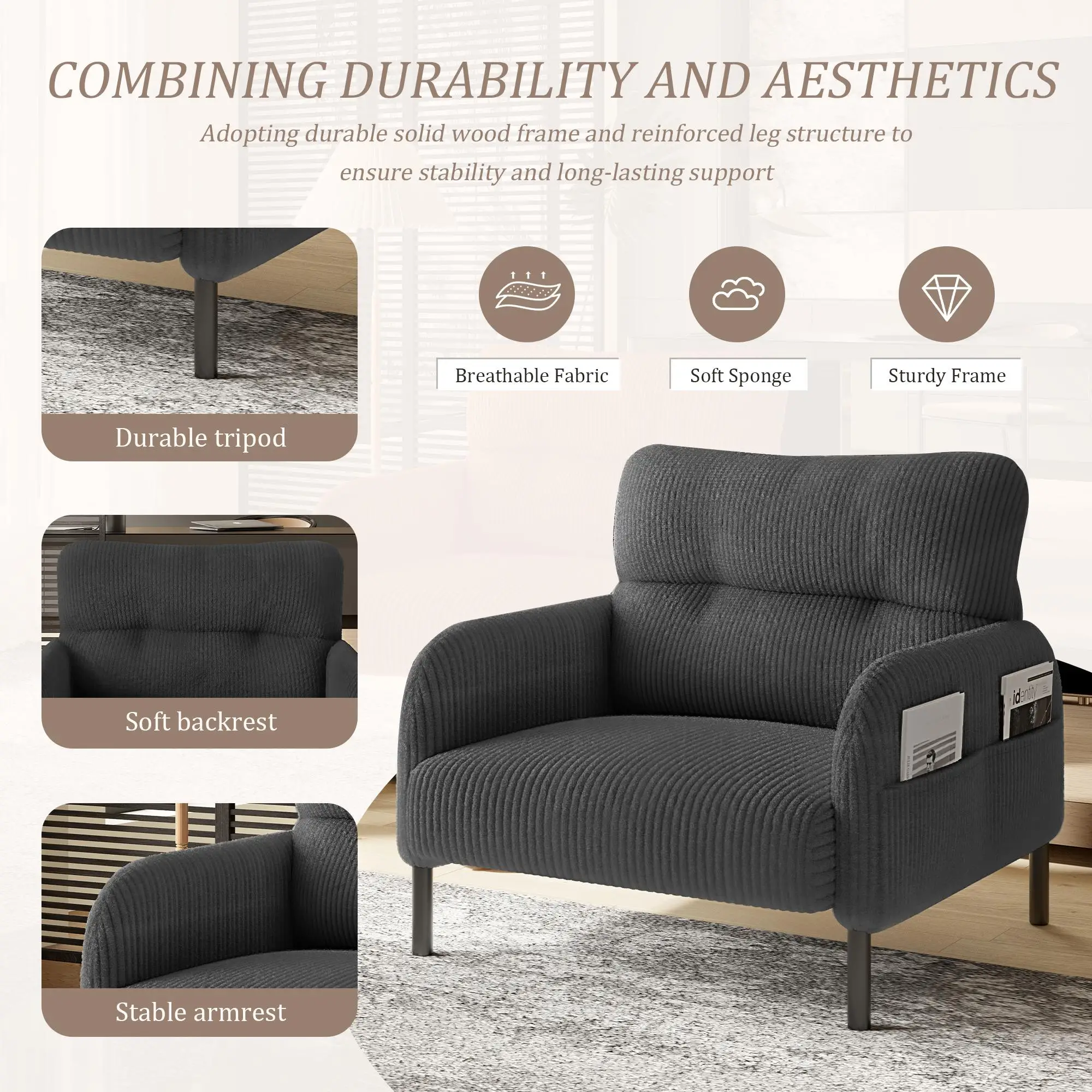 Corduroy Armchair 67 x 75 x 79cm, Grey - Grey - 5