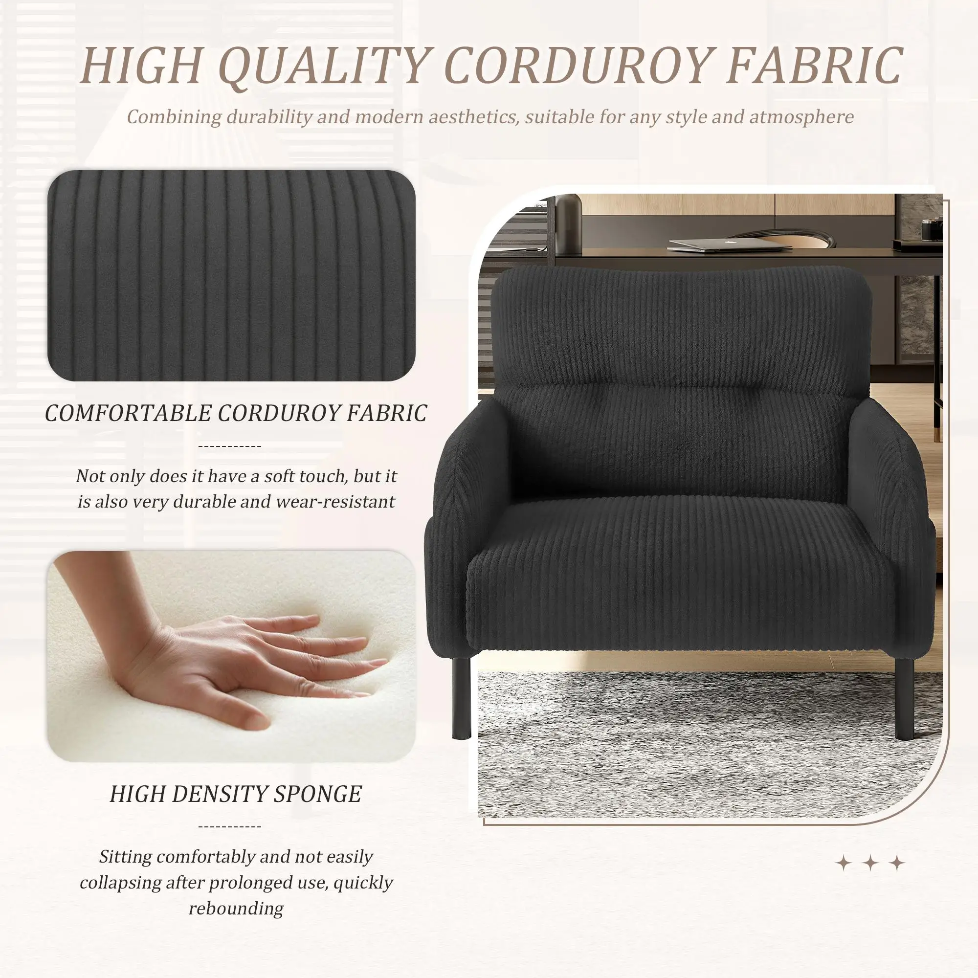 Corduroy Armchair 67 x 75 x 79cm, Grey - Grey - 6