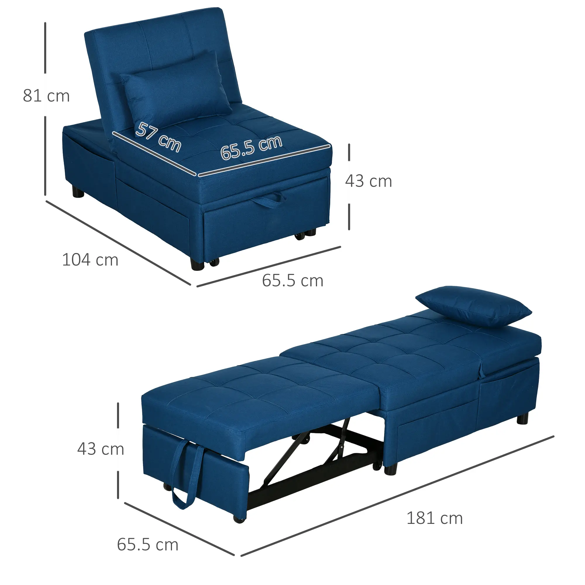 Linen Sofa Bed 81 x 65.5 x 104cm, Blue - Blue - 3