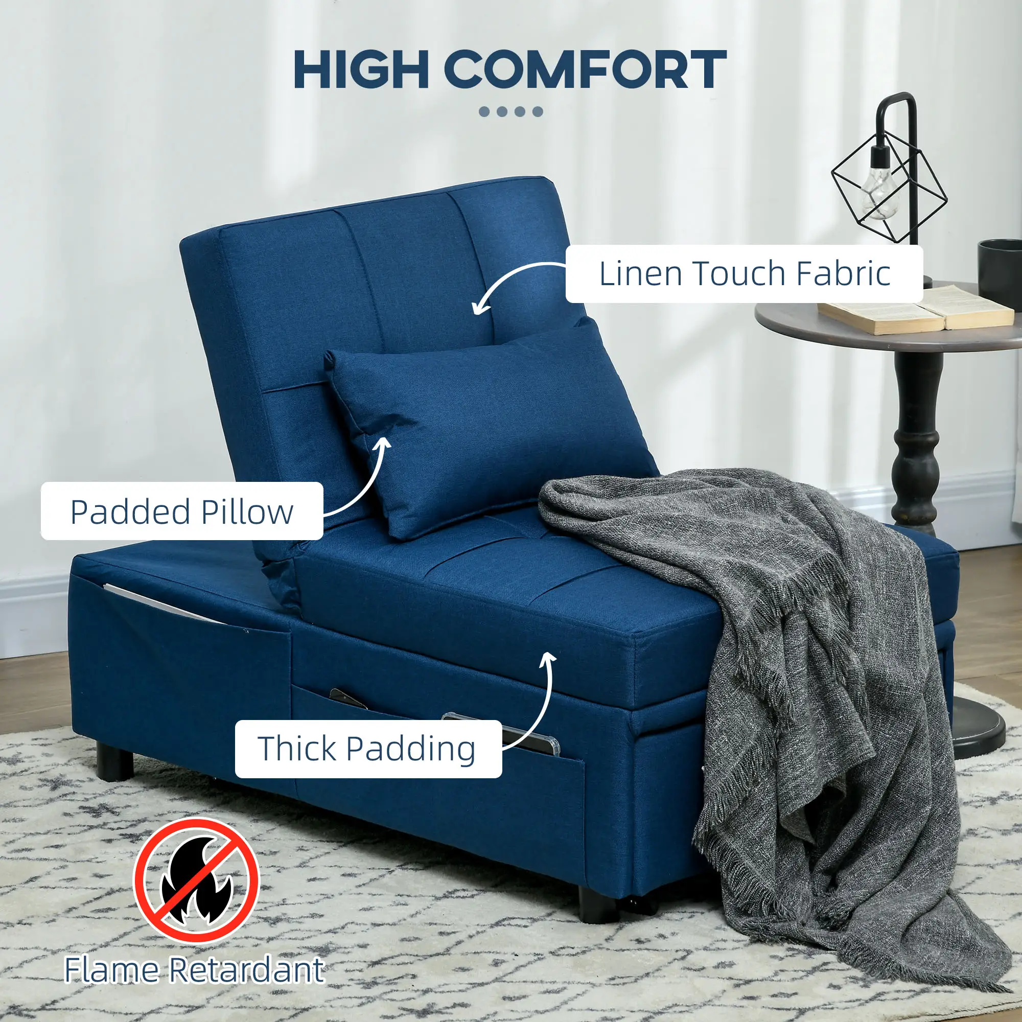 Linen Sofa Bed 81 x 65.5 x 104cm, Blue - Blue - 4