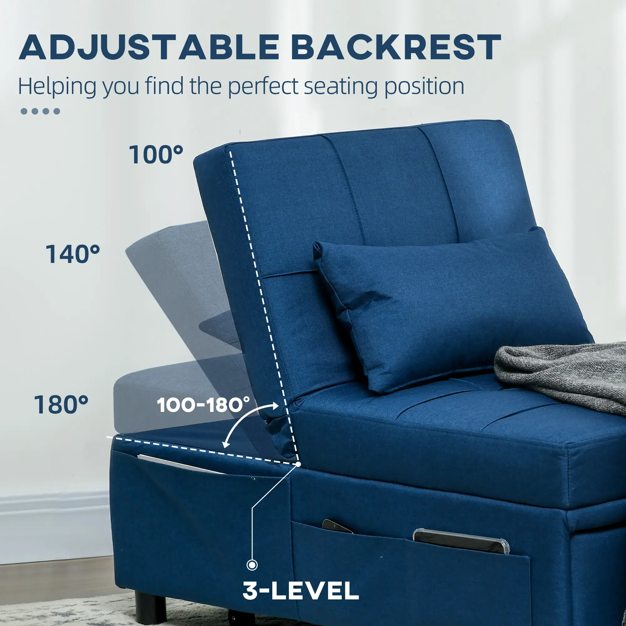 Linen Sofa Bed 81 x 65.5 x 104cm, Blue - Blue - 5