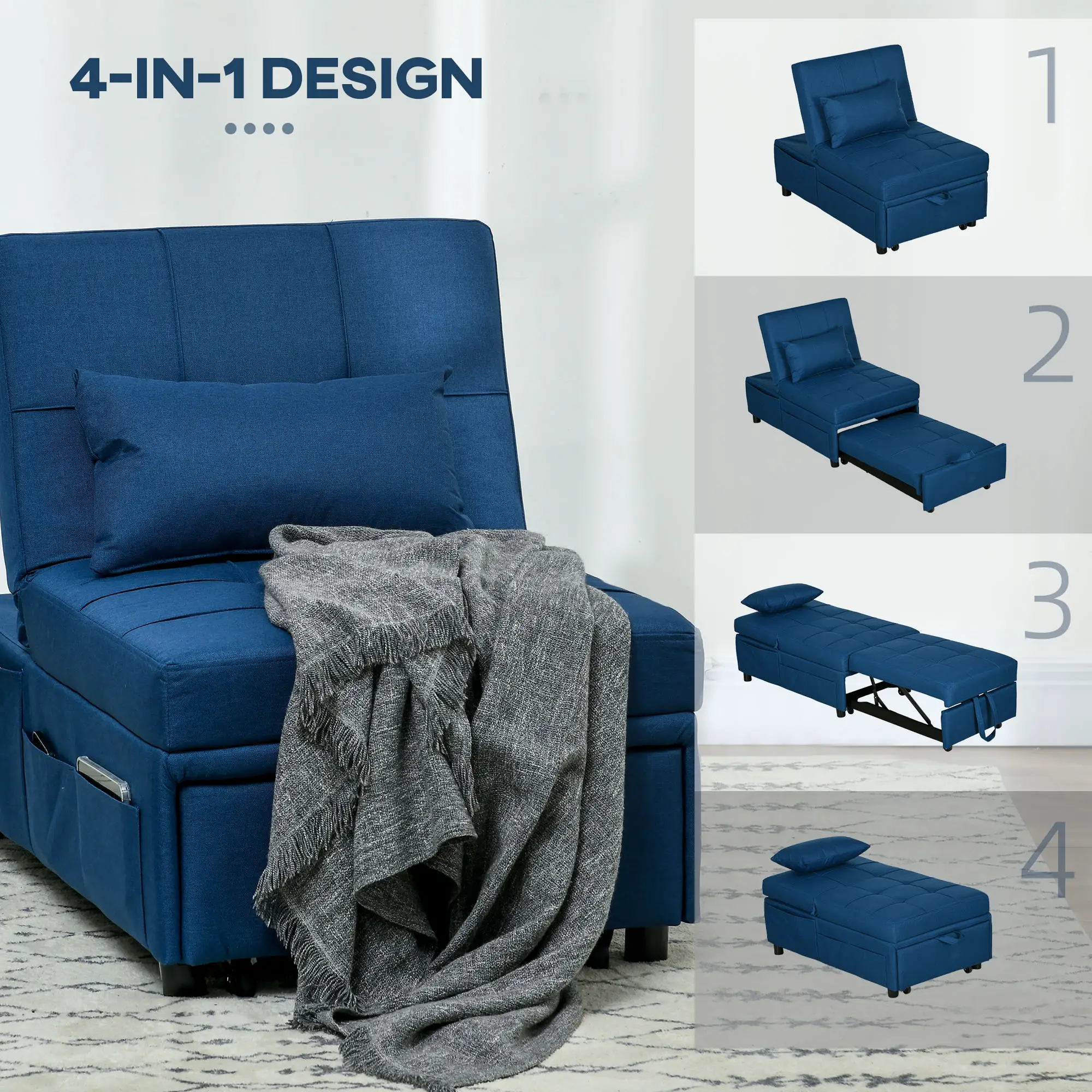 Linen Sofa Bed 81 x 65.5 x 104cm, Blue - Blue - 6