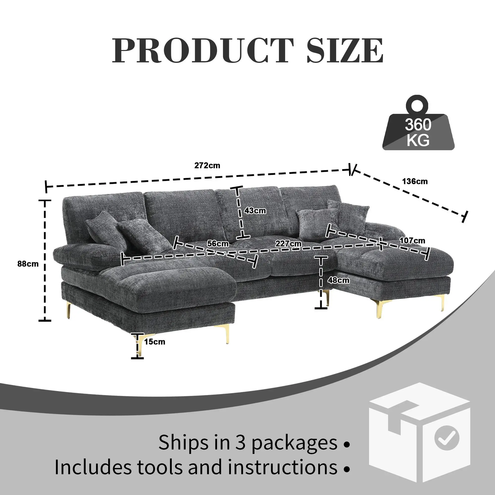 U-Shaped Chenille Sofa 272 x 136 x 88cm - Grey - 3