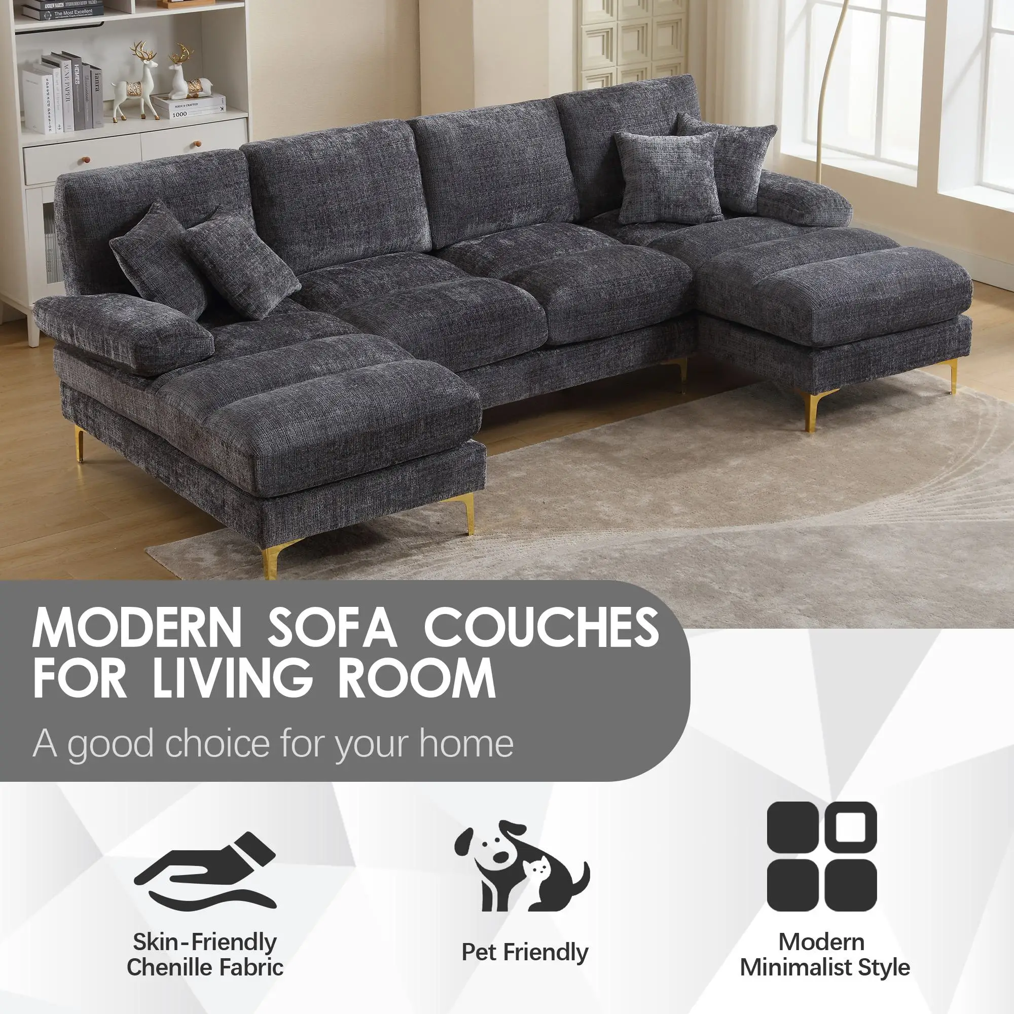 U-Shaped Chenille Sofa 272 x 136 x 88cm - Grey - 4