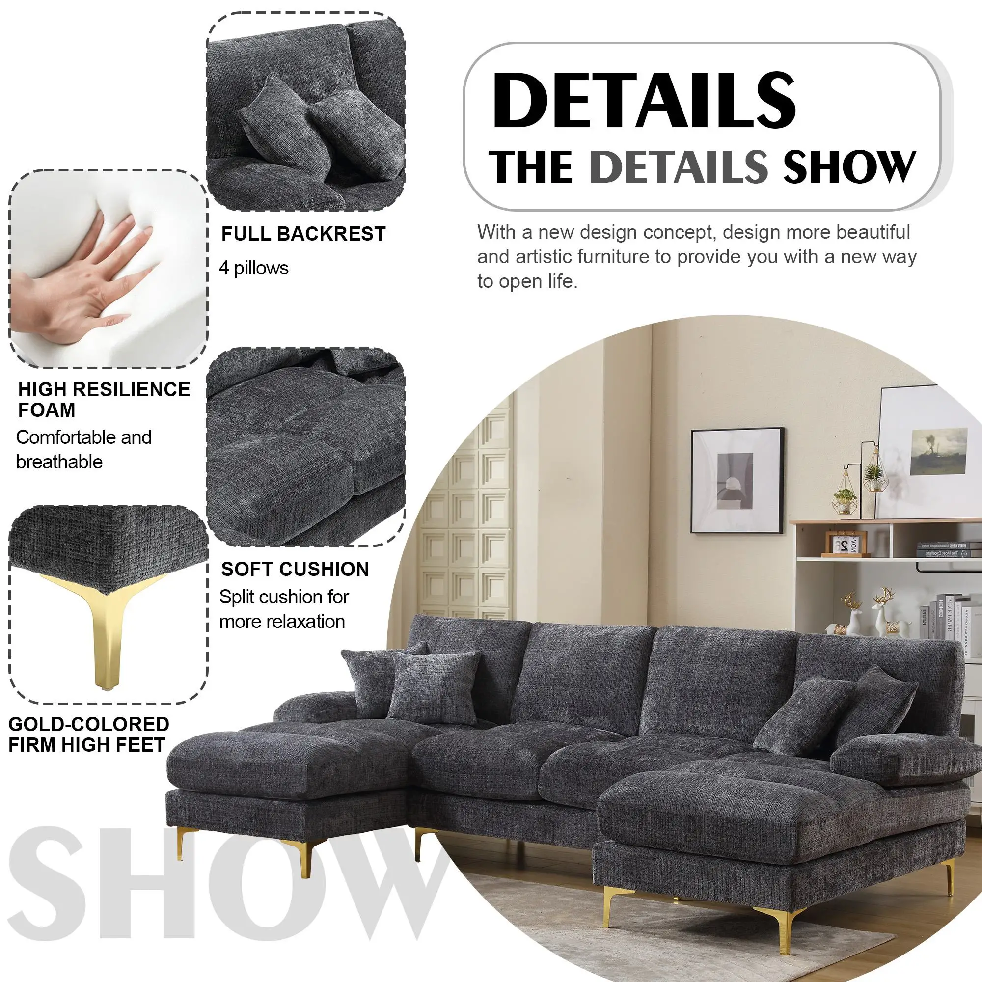 U-Shaped Chenille Sofa 272 x 136 x 88cm - Grey - 5