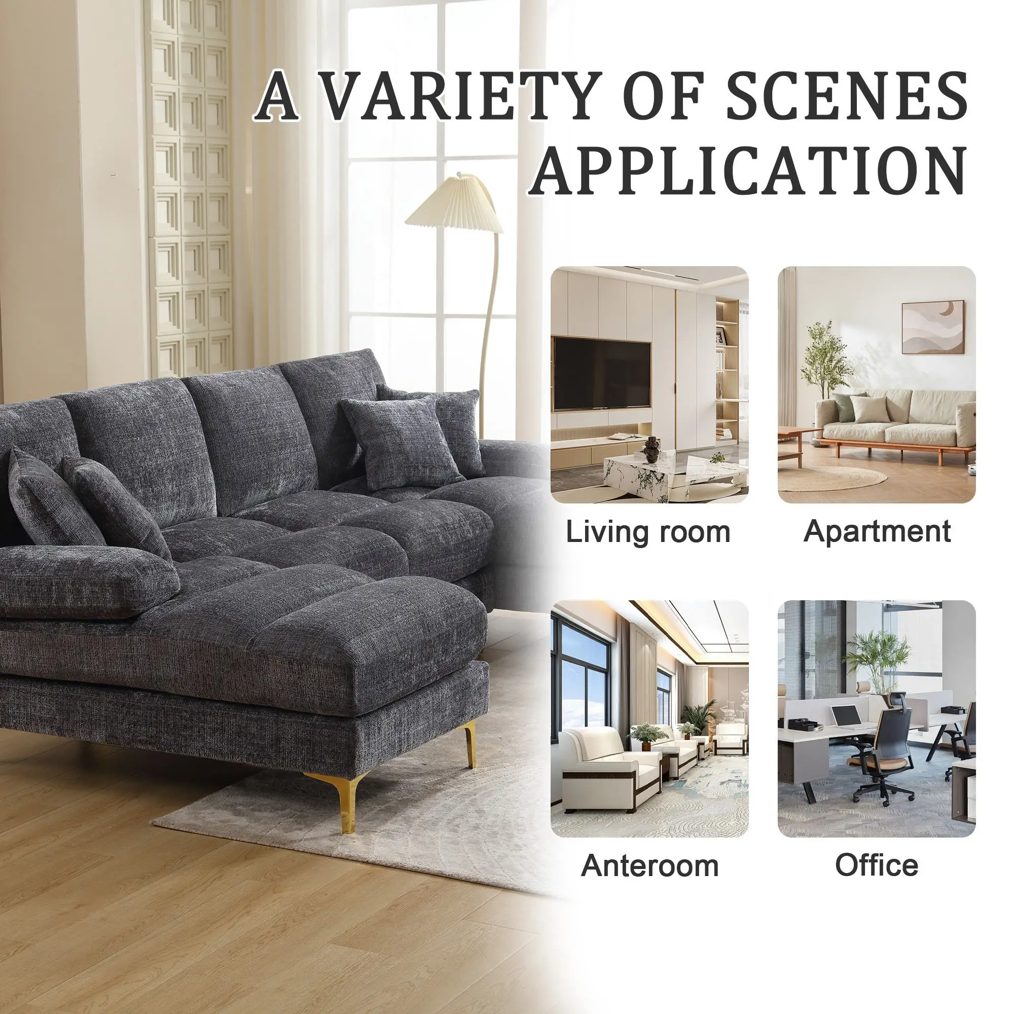U-Shaped Chenille Sofa 272 x 136 x 88cm - Grey - 6