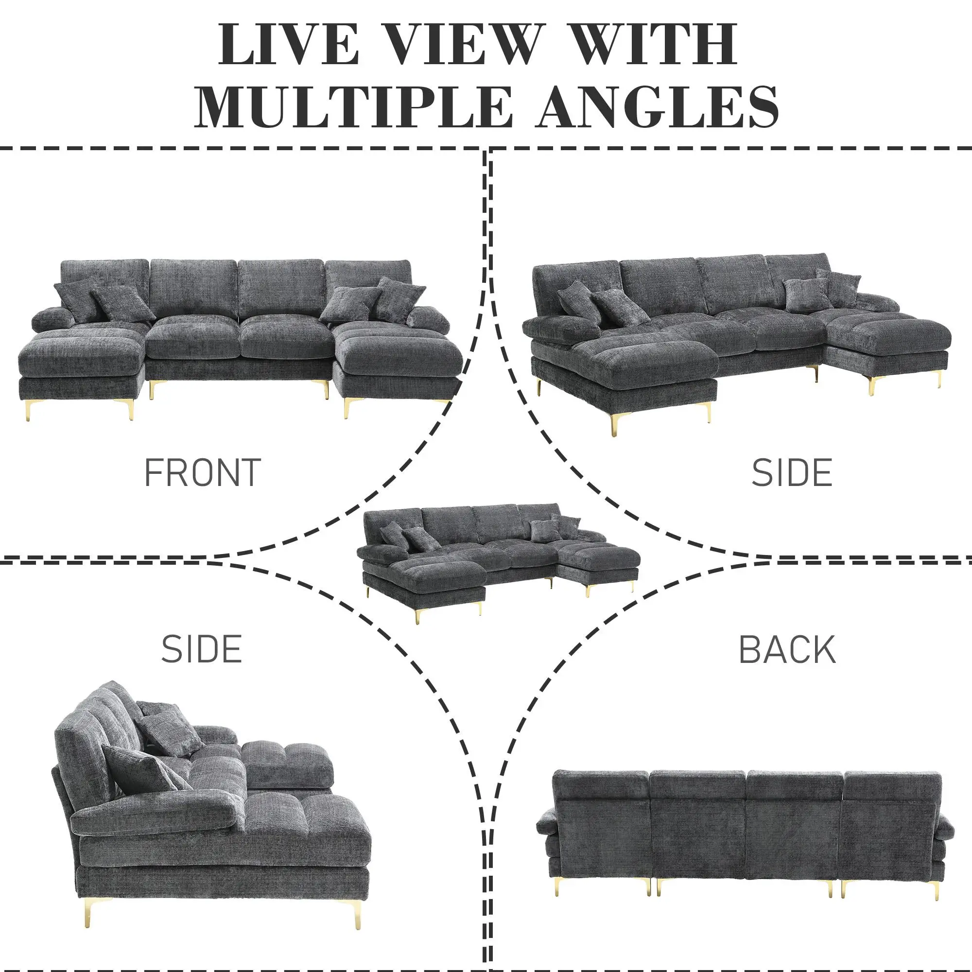 U-Shaped Chenille Sofa 272 x 136 x 88cm - Grey - 7