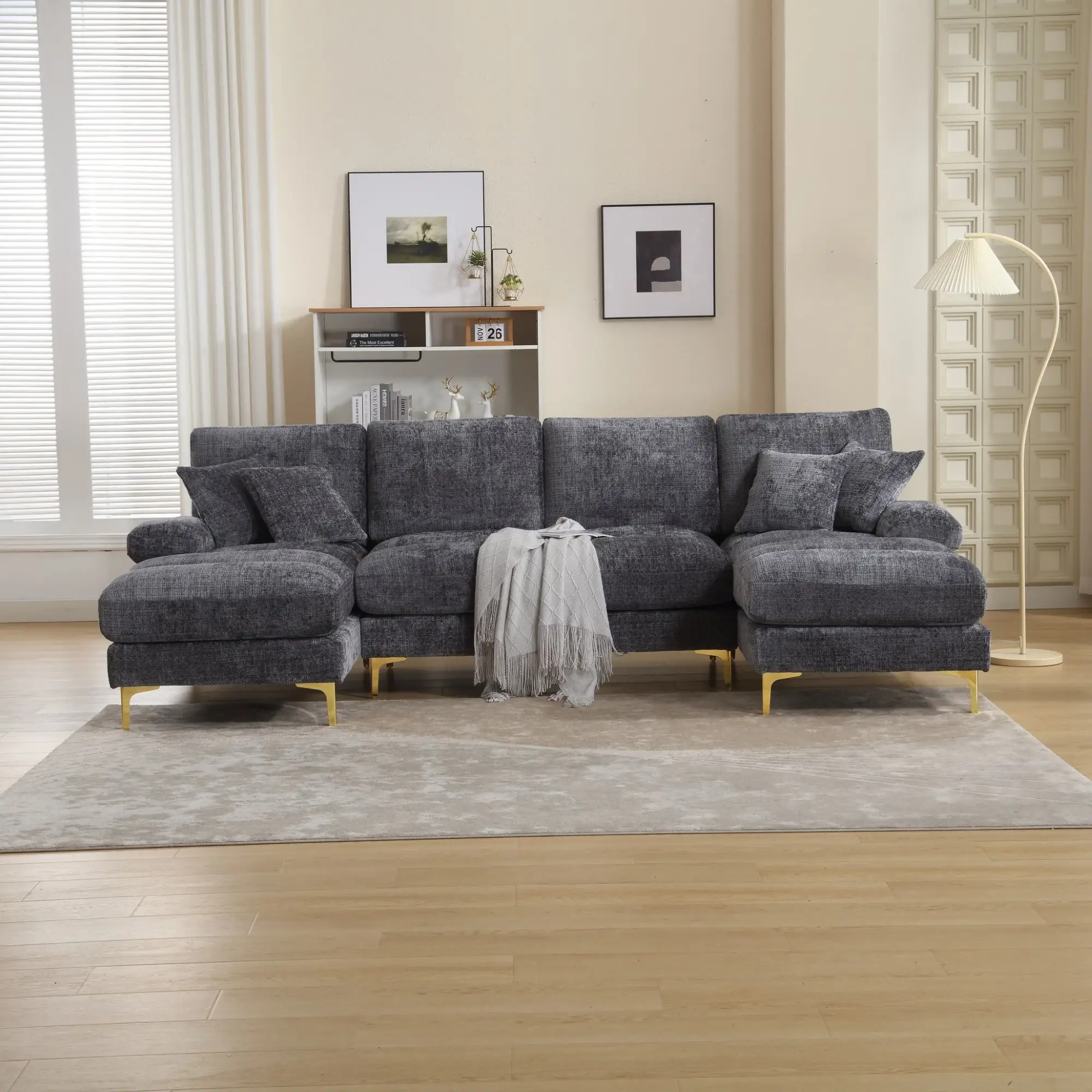 U-Shaped Chenille Sofa 272 x 136 x 88cm - Grey - 8