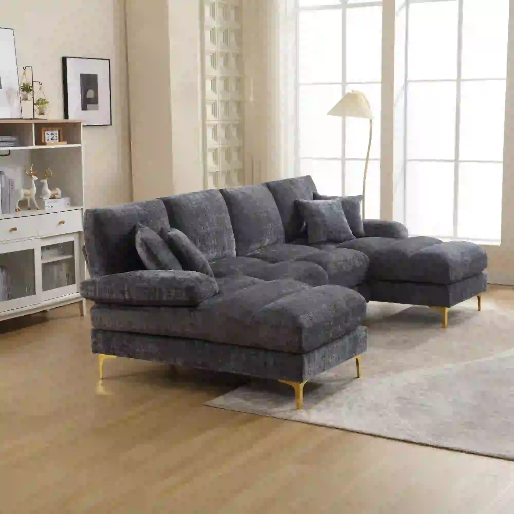 U-Shaped Chenille Sofa 272 x 136 x 88cm - Grey - 9