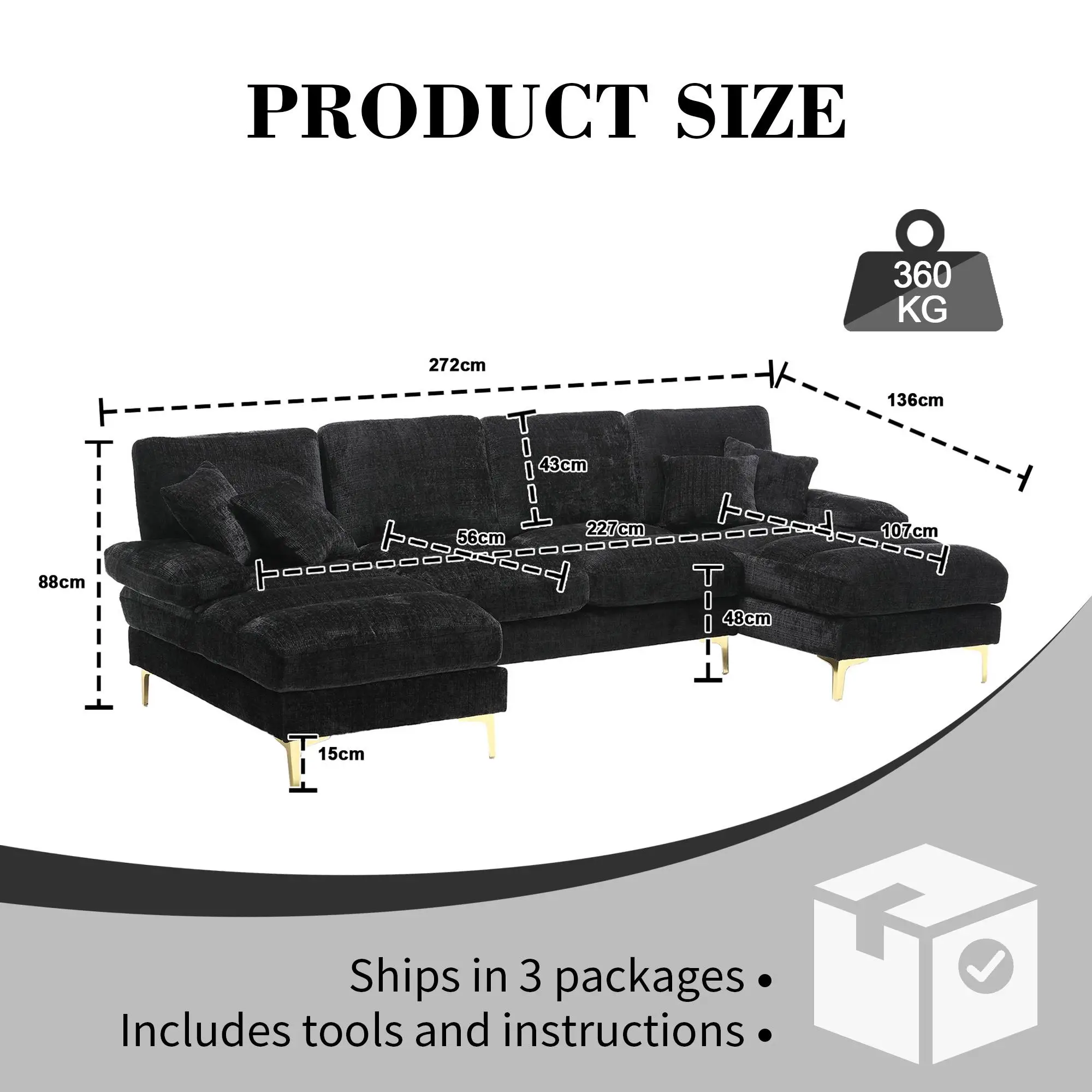 U-Shaped Chenille Sofa 272 x 136 x 88cm - Black - 3
