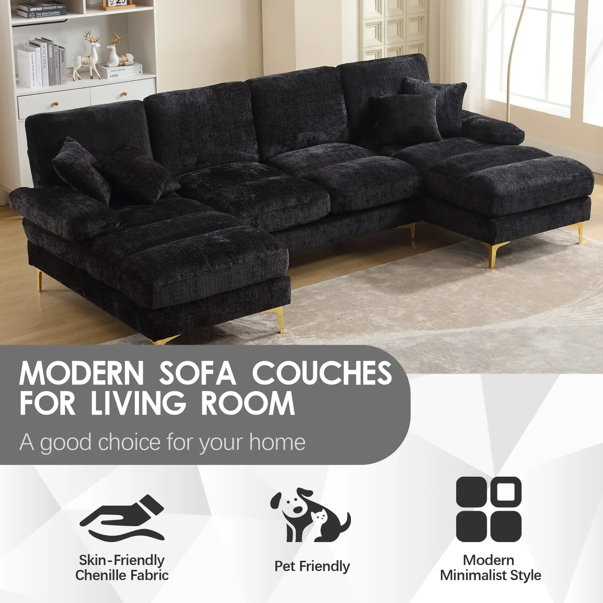 U-Shaped Chenille Sofa 272 x 136 x 88cm - Black - 4