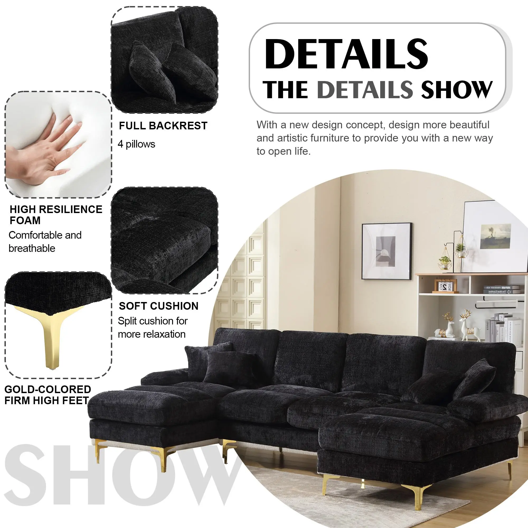 U-Shaped Chenille Sofa 272 x 136 x 88cm - Black - 5