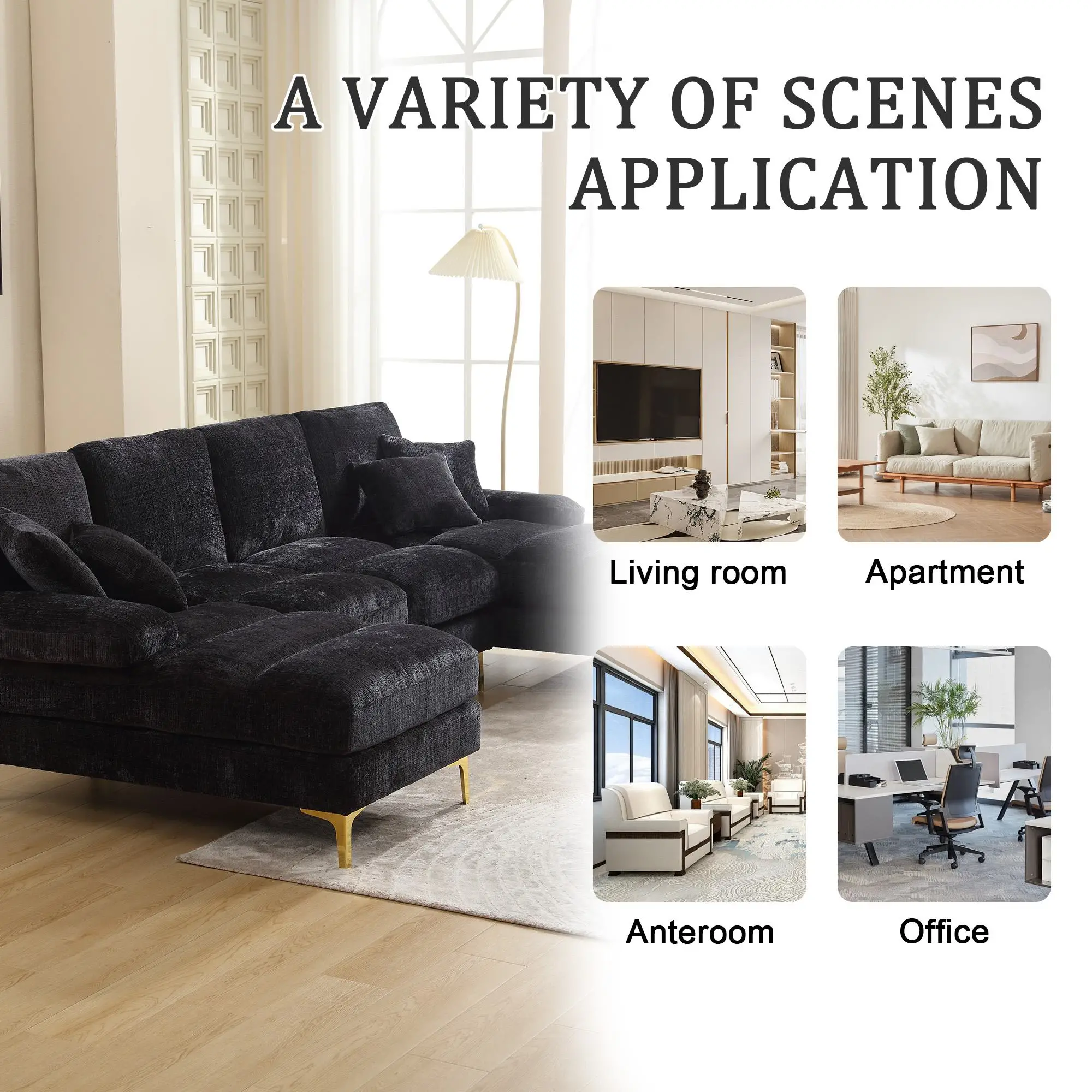U-Shaped Chenille Sofa 272 x 136 x 88cm - Black - 6