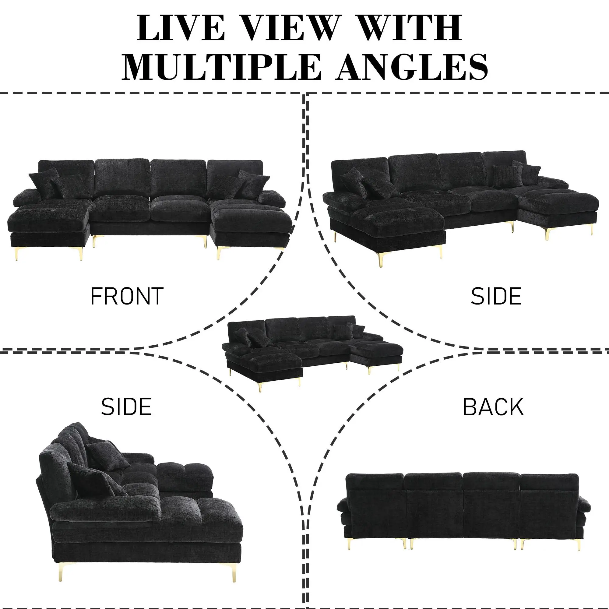 U-Shaped Chenille Sofa 272 x 136 x 88cm - Black - 7