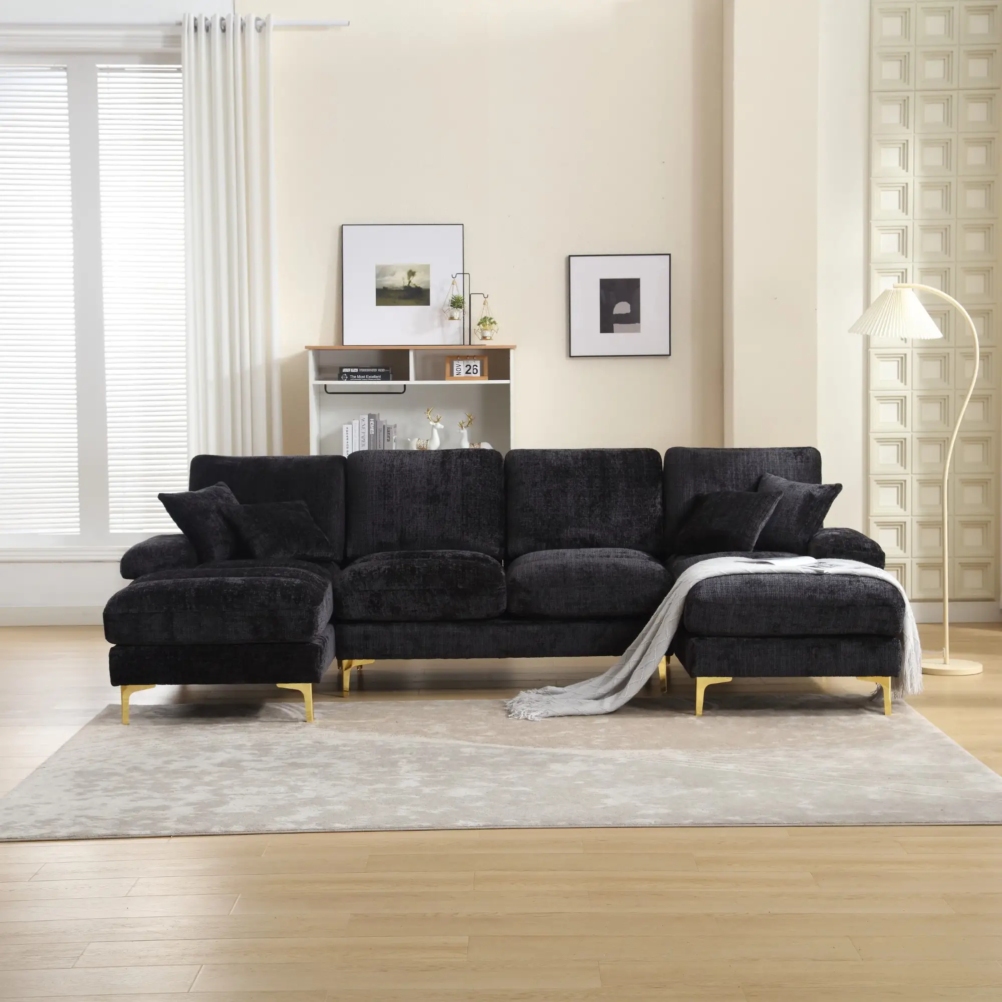 U-Shaped Chenille Sofa 272 x 136 x 88cm - Black - 8