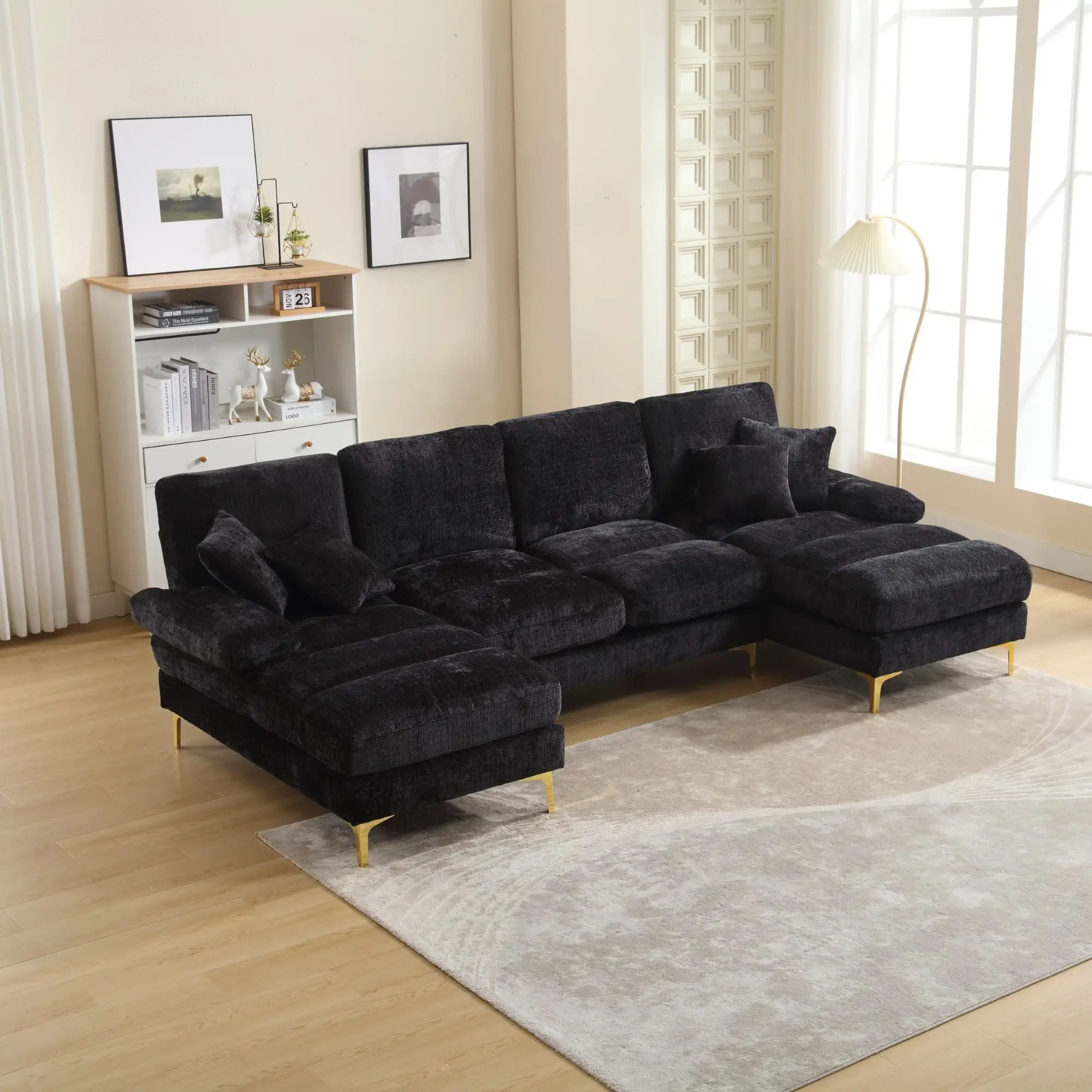 U-Shaped Chenille Sofa 272 x 136 x 88cm - Black - 9