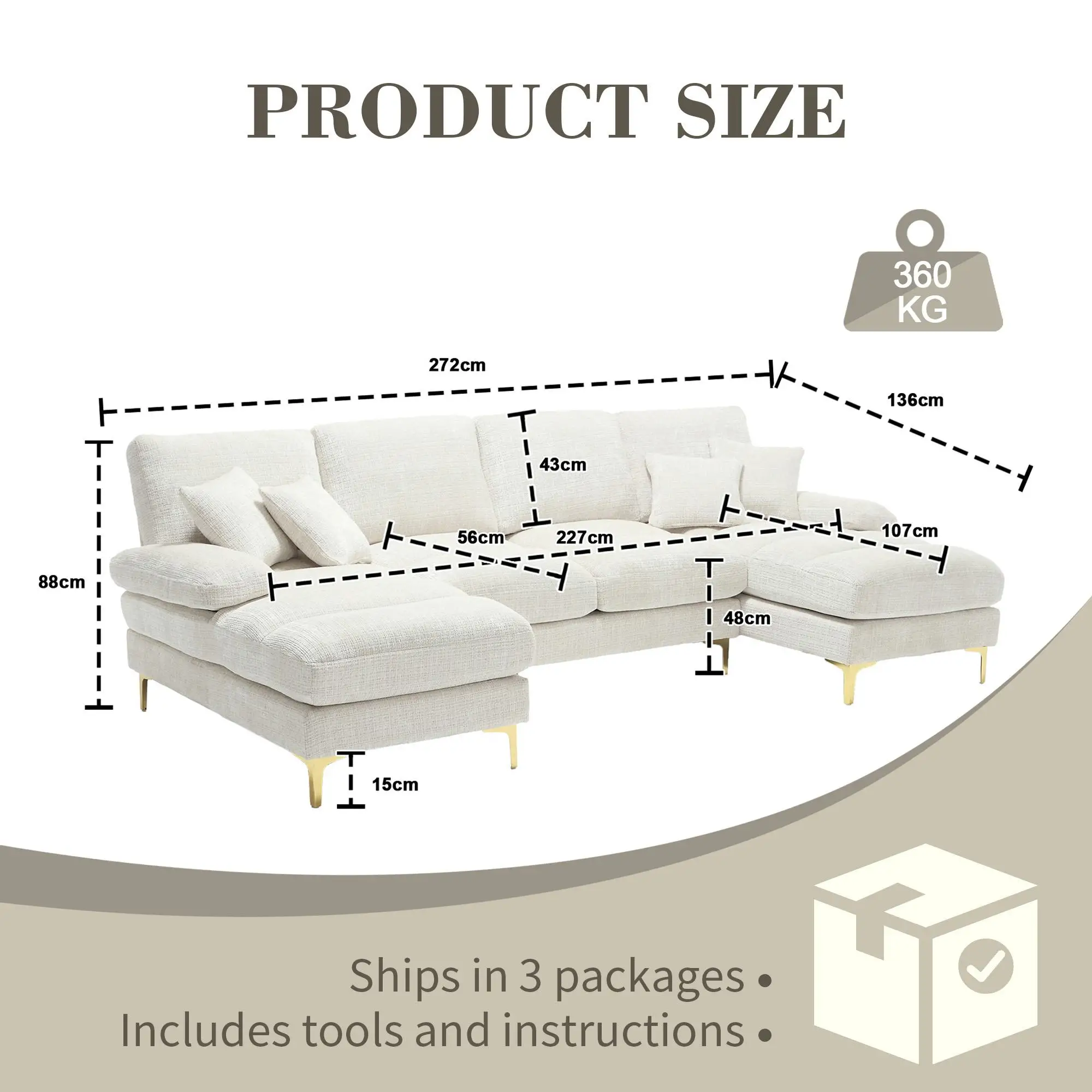 U-Shaped Chenille Sofa 272 x 136 x 88cm - Beige - 3