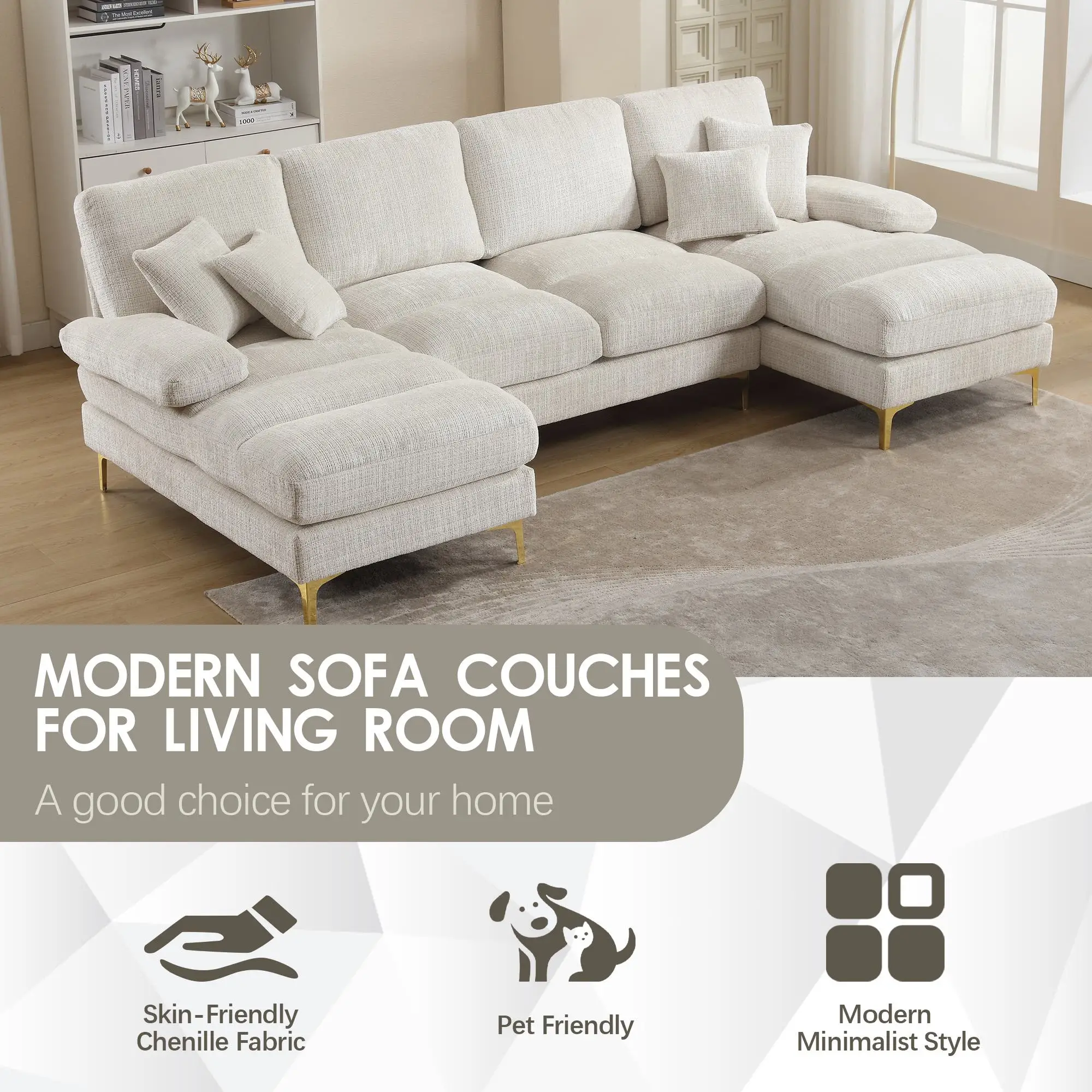 U-Shaped Chenille Sofa 272 x 136 x 88cm - Beige - 4