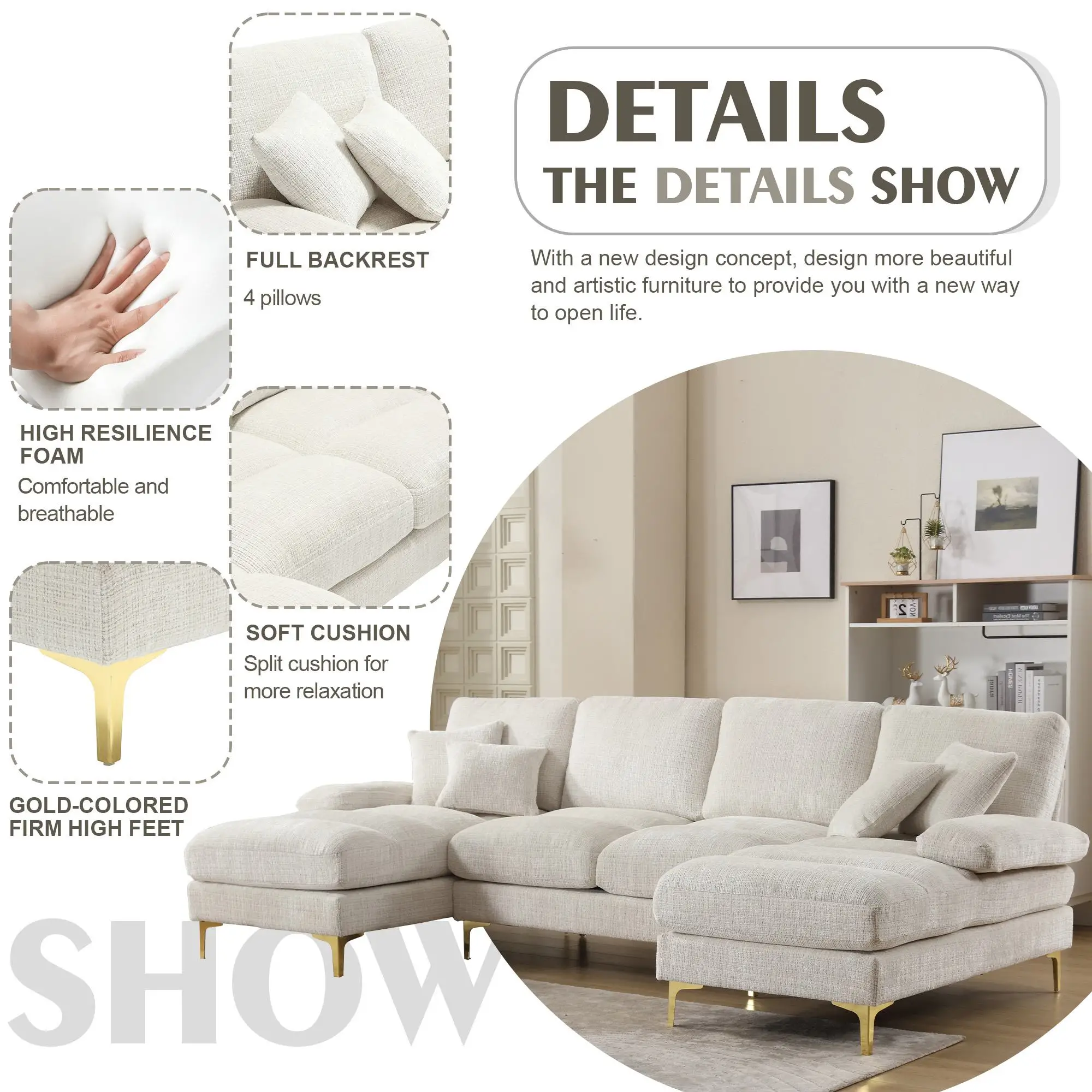 U-Shaped Chenille Sofa 272 x 136 x 88cm - Beige - 5