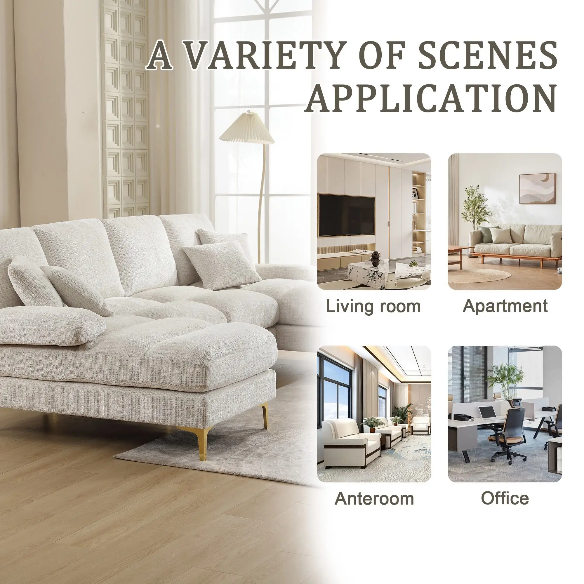 U-Shaped Chenille Sofa 272 x 136 x 88cm - Beige - 6