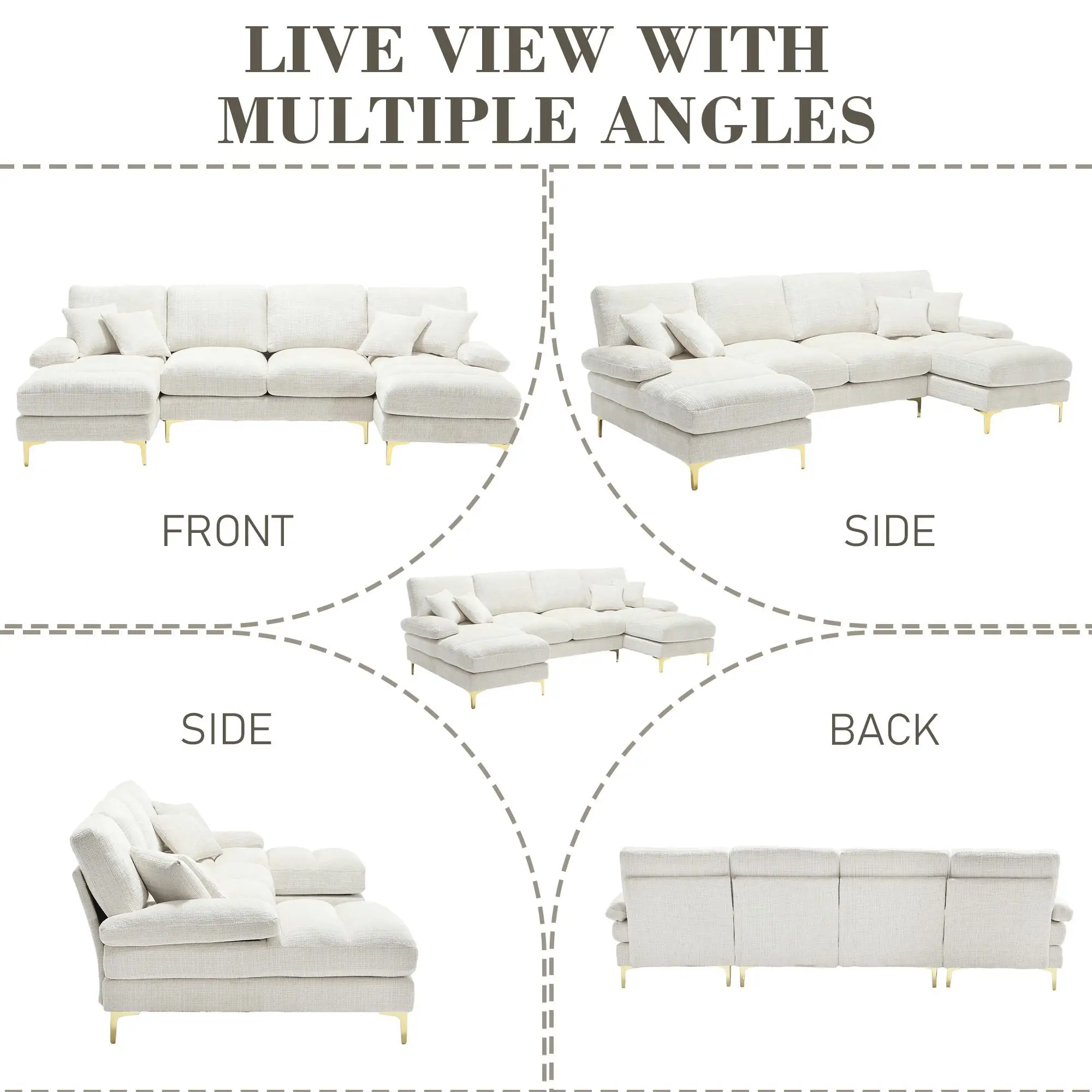 U-Shaped Chenille Sofa 272 x 136 x 88cm - Beige - 7