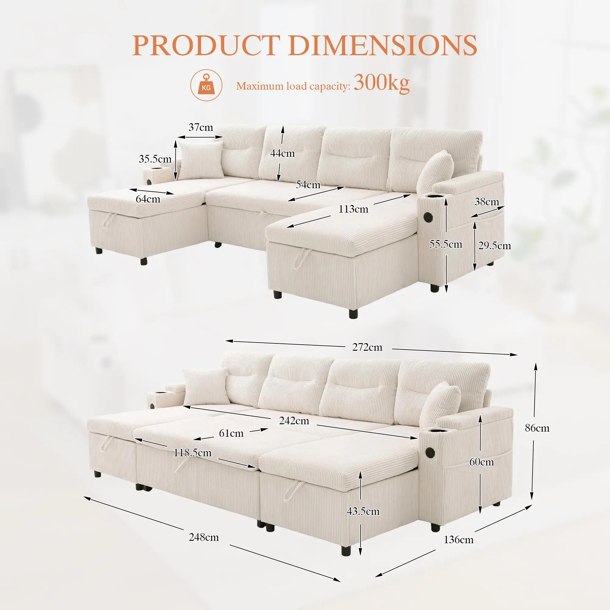 4 Seater Corduroy Sofa 272 x 136 x 86cm - Beige - 3