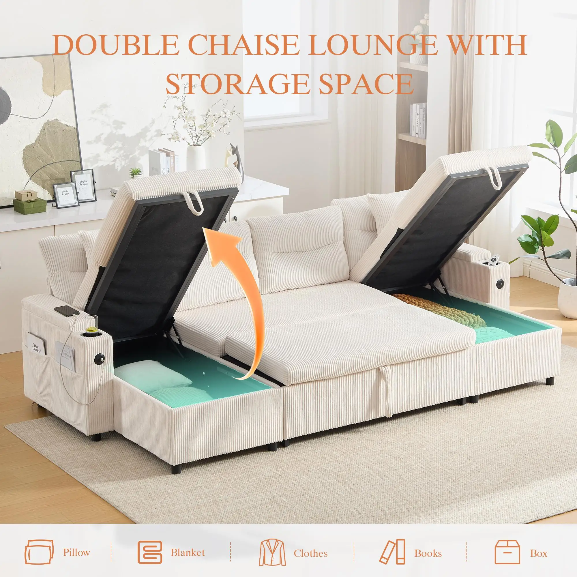 4 Seater Corduroy Sofa 272 x 136 x 86cm - Beige - 4