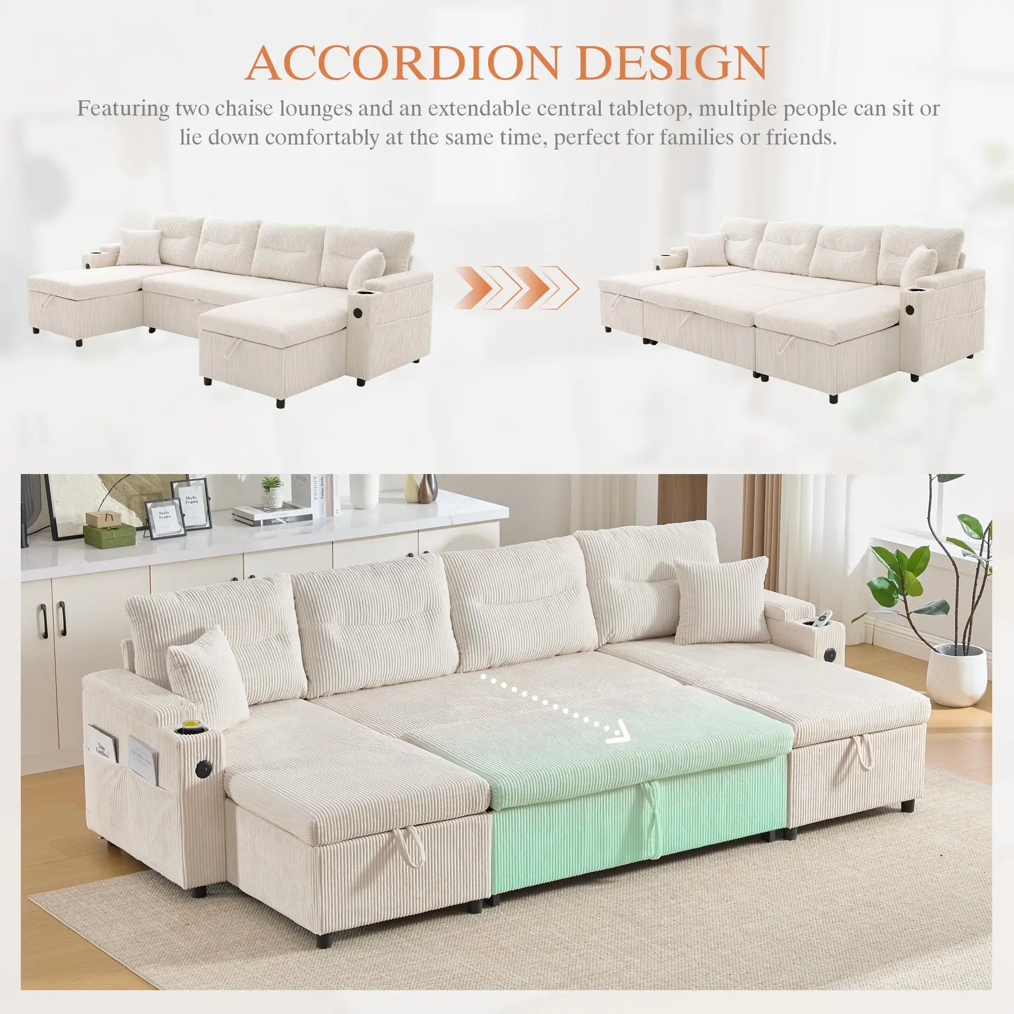 4 Seater Corduroy Sofa 272 x 136 x 86cm - Beige - 5