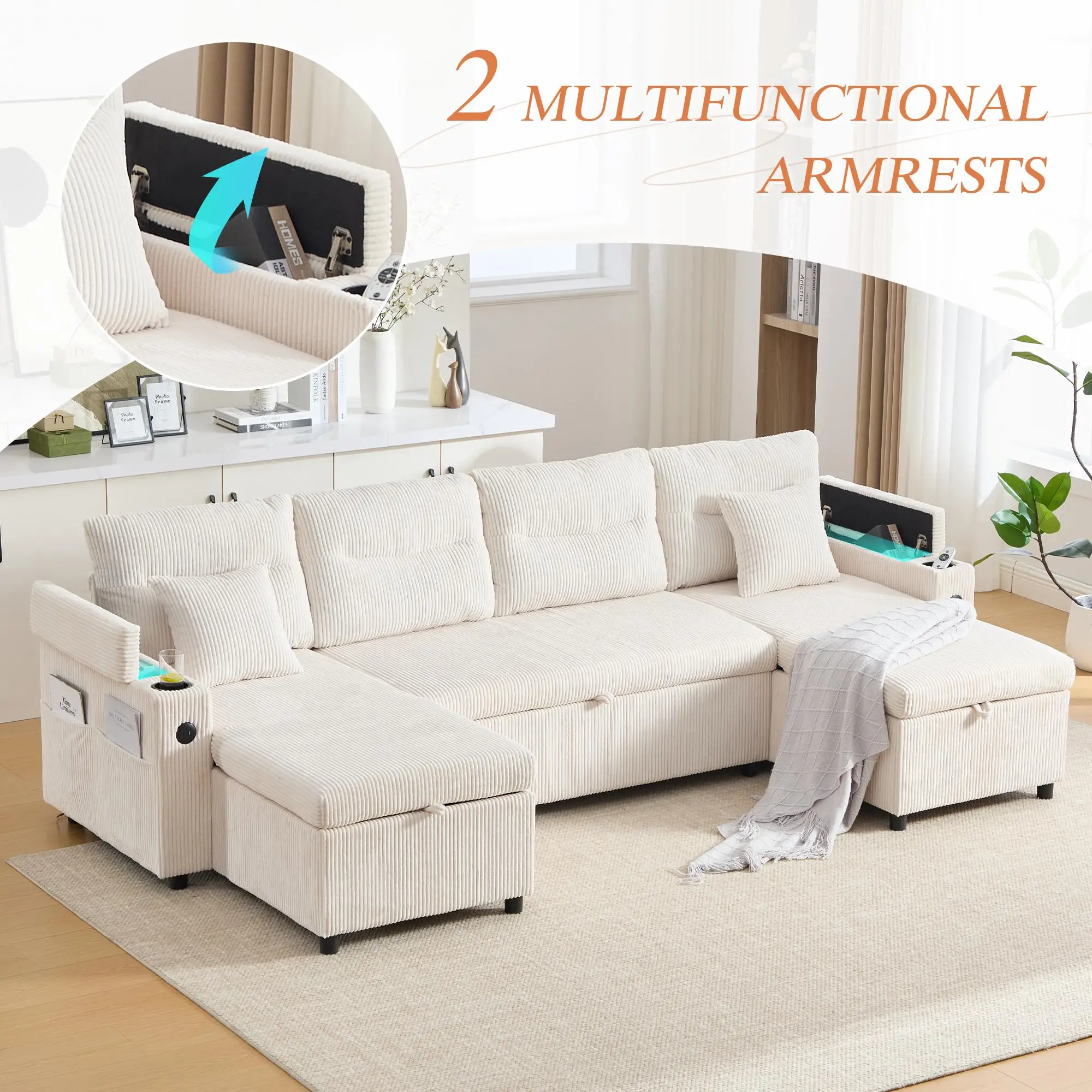 4 Seater Corduroy Sofa 272 x 136 x 86cm - Beige - 6