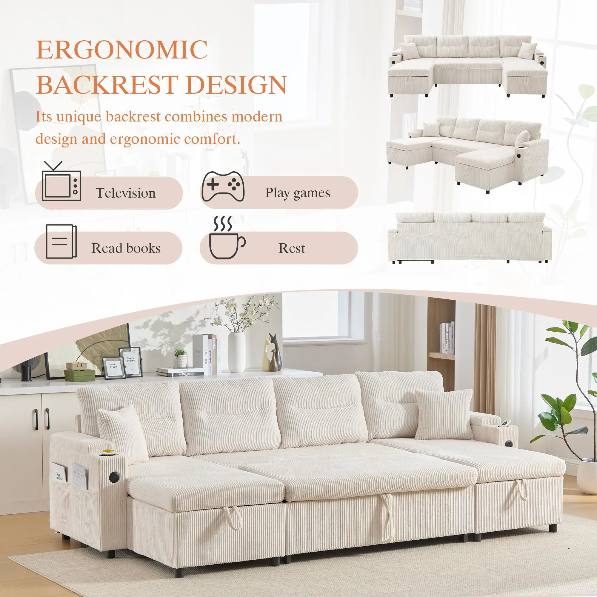4 Seater Corduroy Sofa 272 x 136 x 86cm - Beige - 9