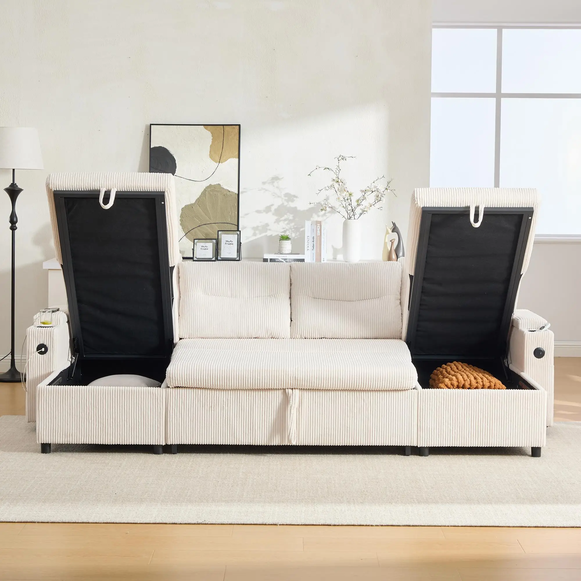 4 Seater Corduroy Sofa 272 x 136 x 86cm - Beige - 10