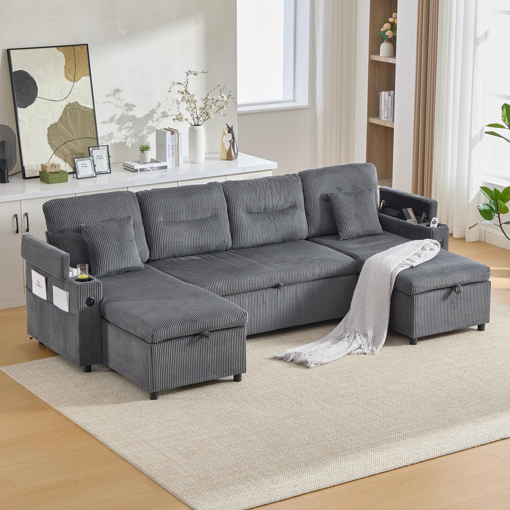 4 Seater Corduroy Sofa 272 x 136 x 86cm - Charcoal Grey - 1