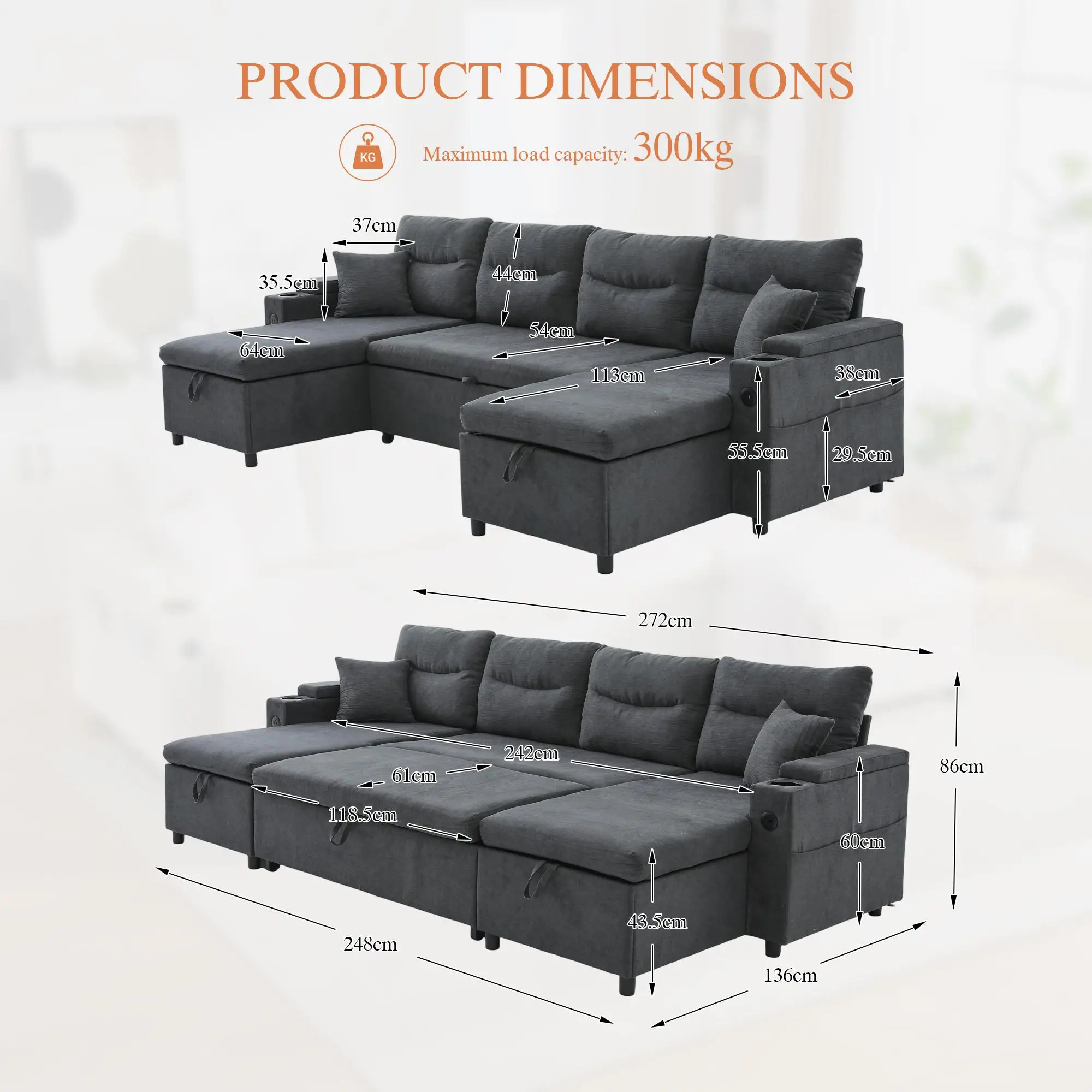 4 Seater Corduroy Sofa 272 x 136 x 86cm - Charcoal Grey - 3