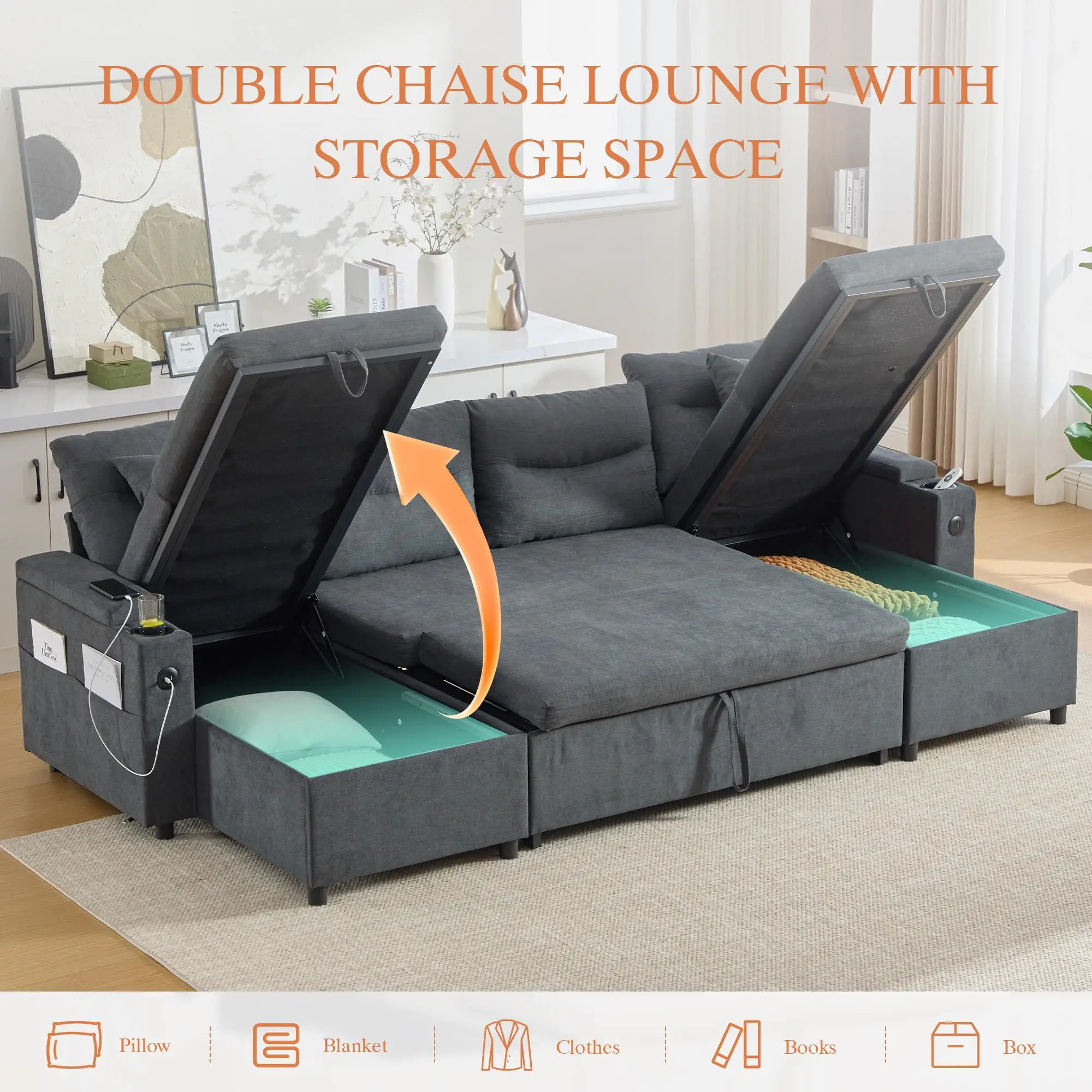 4 Seater Corduroy Sofa 272 x 136 x 86cm - Charcoal Grey - 4