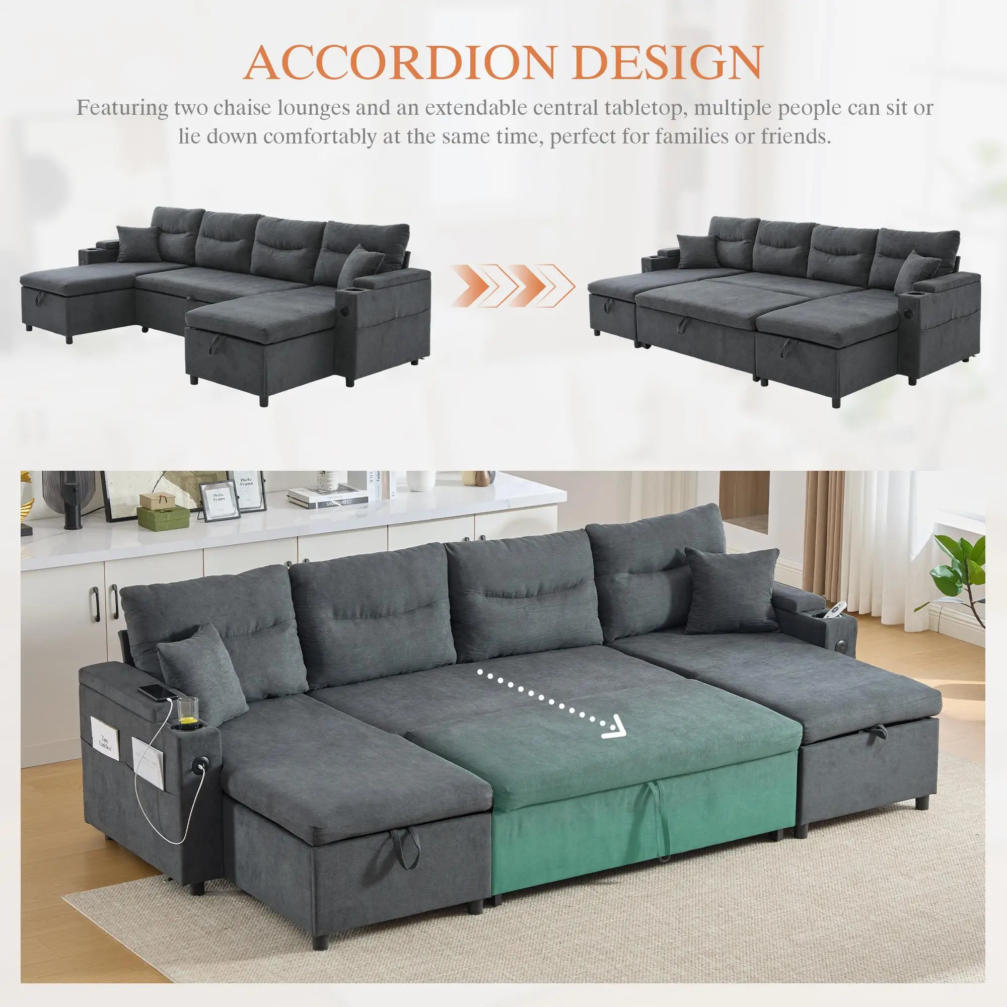 4 Seater Corduroy Sofa 272 x 136 x 86cm - Charcoal Grey - 5